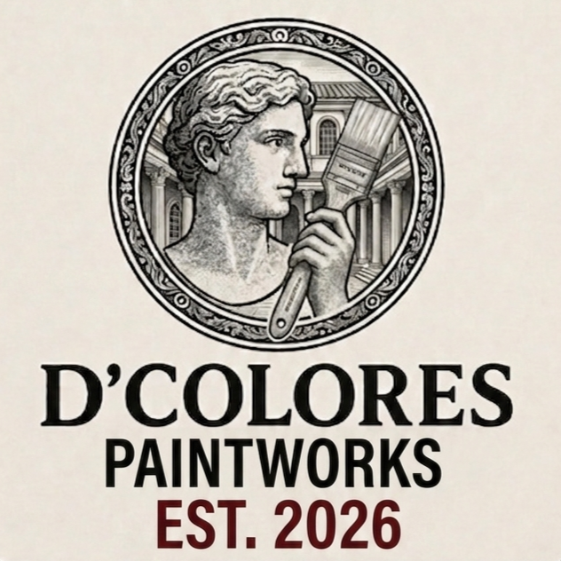 Logo featuring a grayscale illustration of a woman holding a paintbrush, surrounded by classical architecture, with text reading "D'Colores Paintworks Est. 2026".