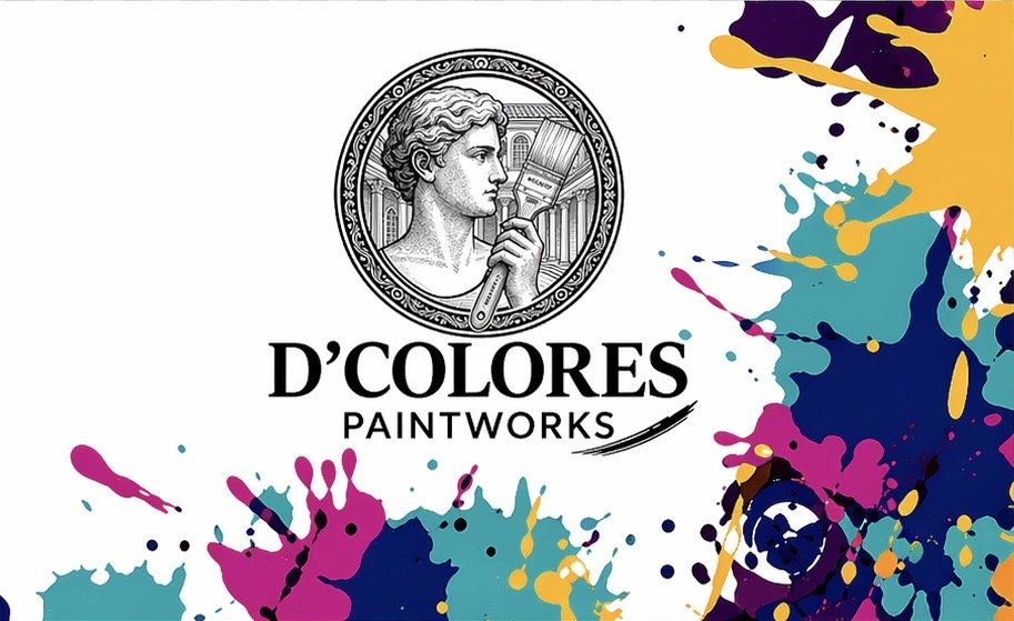 Logo with a classical woman holding a paintbrush inside a circular border, with colorful paint splashes around, and the text 'D'COLORES PAINTWORKS'.