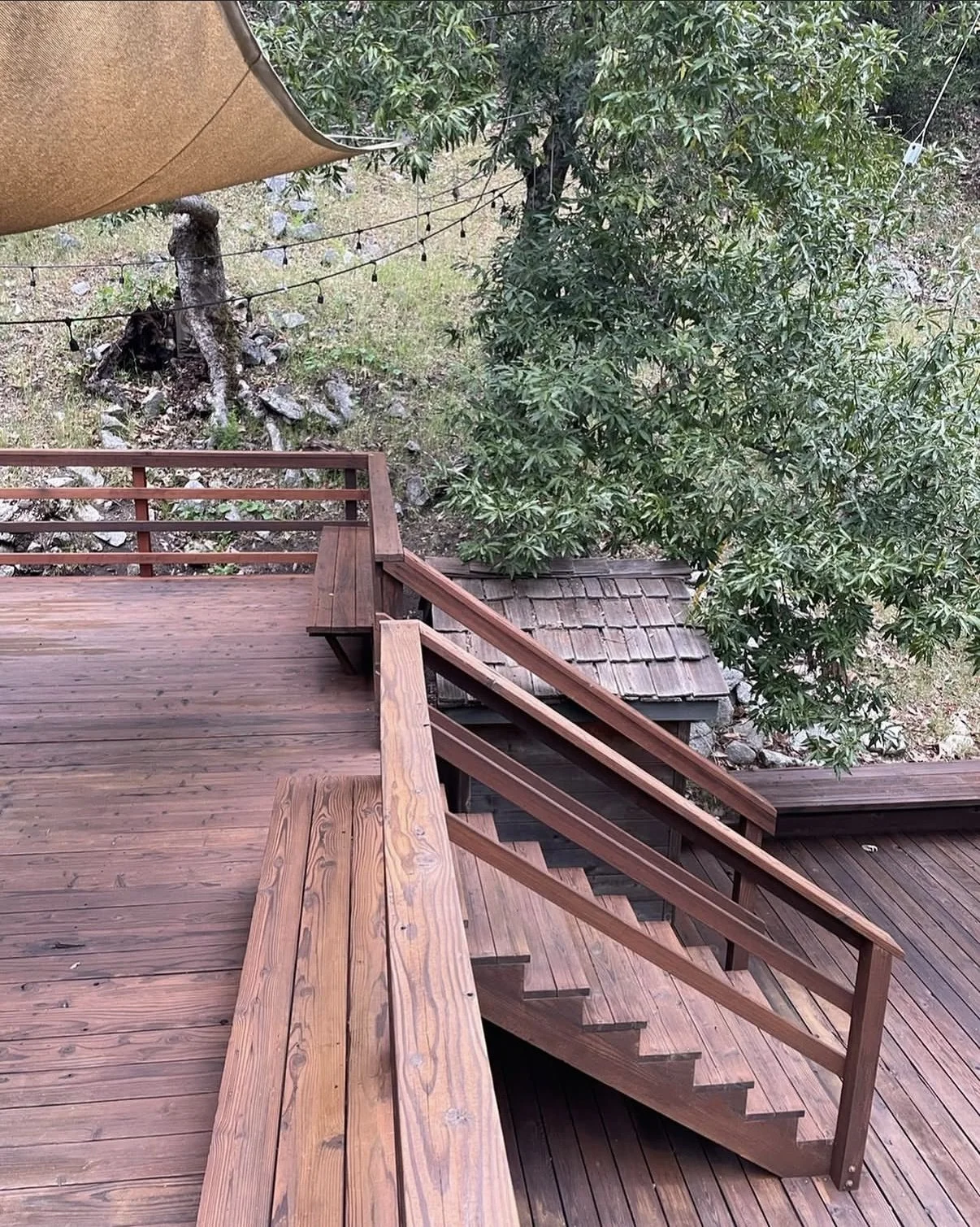 A wooden deck with stairs leading down, overlooking a natural outdoor scene with trees, grass, and a small wooden shed.
