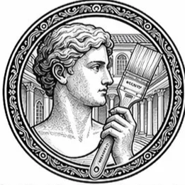 Illustration of a woman with short hair holding a paintbrush labeled 'ECON' in front of classical architecture columns, within a circular border.