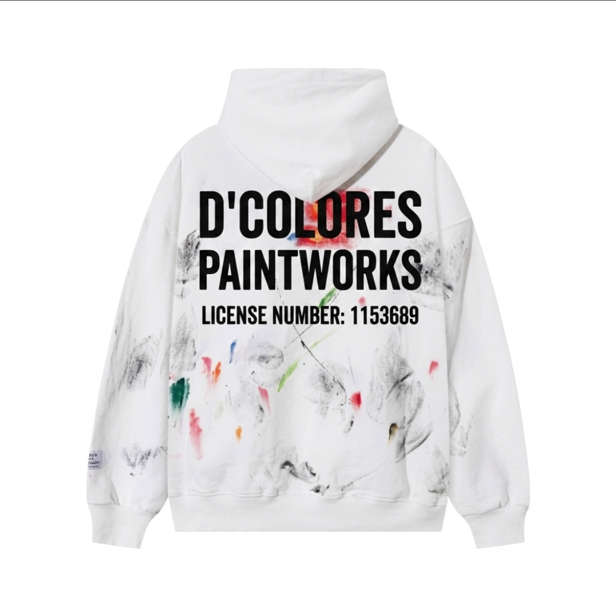 White hoodie with black, red, green, and blue paint splatters and the text 'D'COLORES PAINTWORKS' and a license number on the back.
