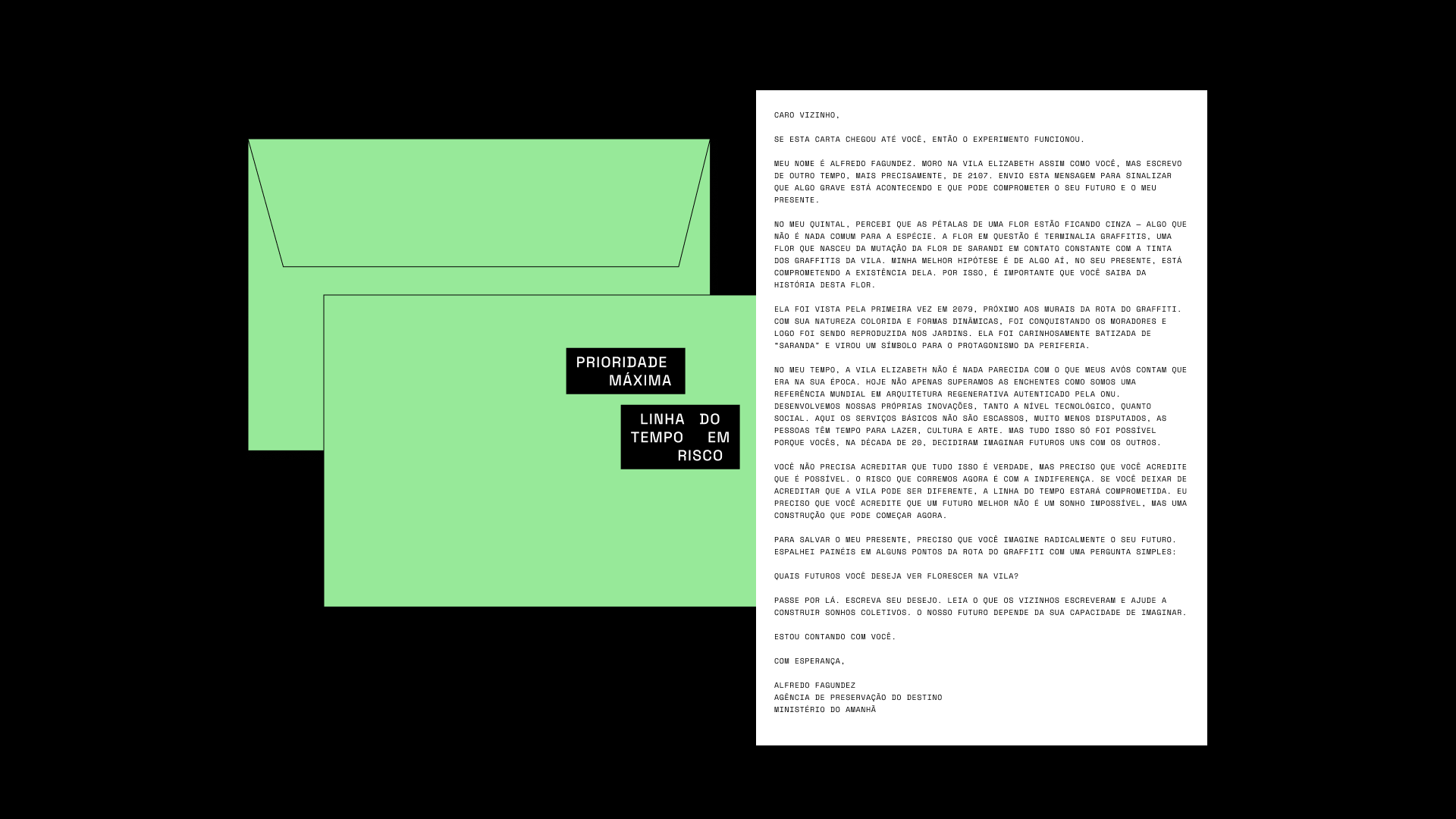 Imagem de uma carta escrita em português ao lado de um diagrama com balões de fala em destaque, incluindo frases como "Prioridade máxima" e "Linha do tempo em risco".