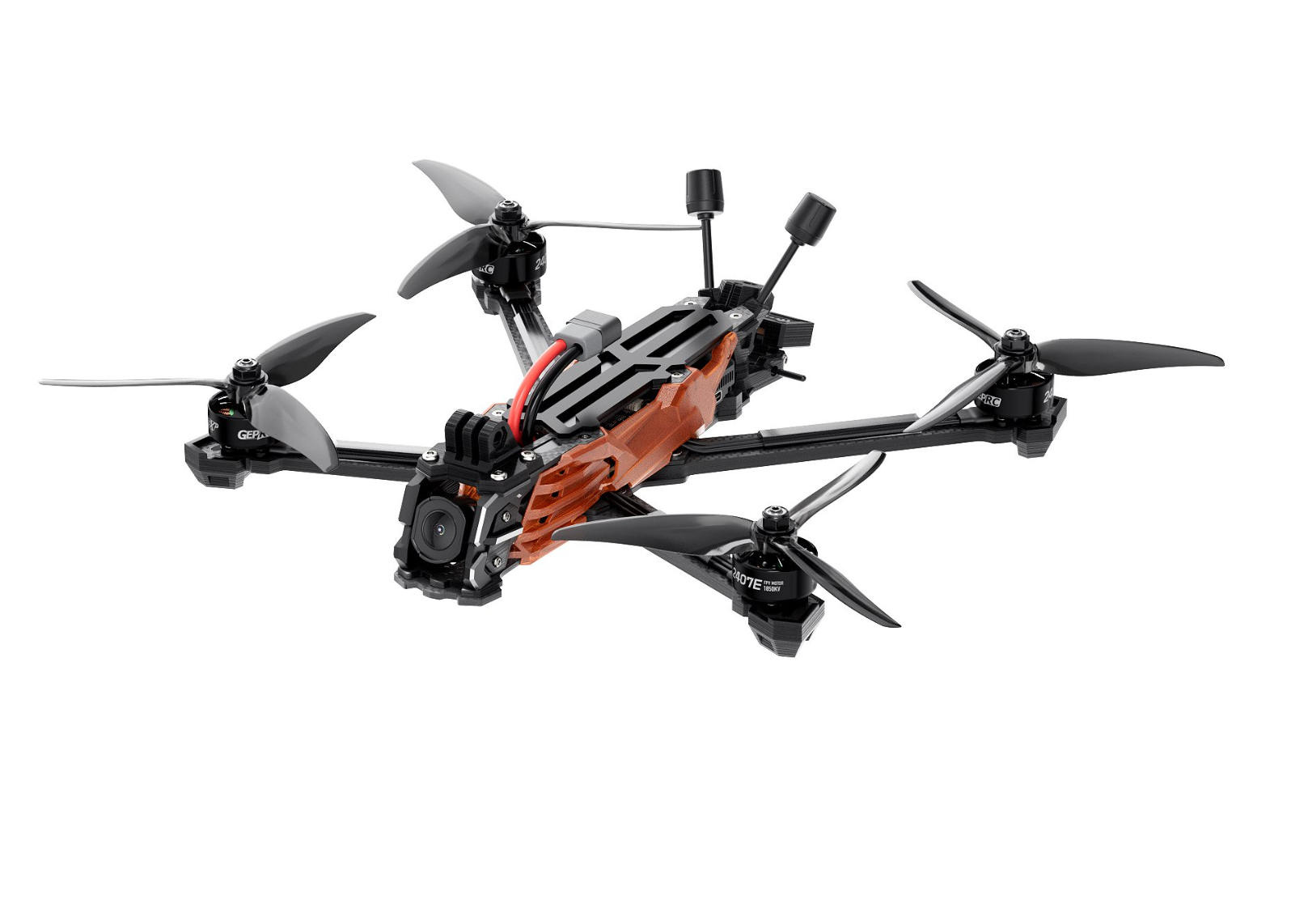 A drone with a camera mounted on the front, four propellers, and a black and orange frame.