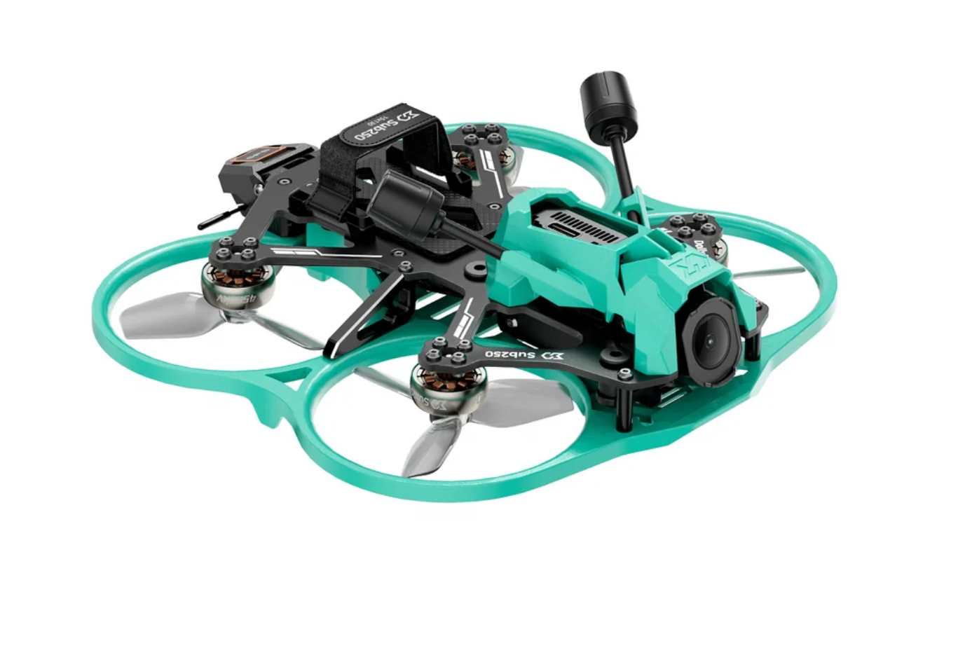A small teal and black drone with four propellers, a camera mounted on the front, and a protective frame around the propellers.