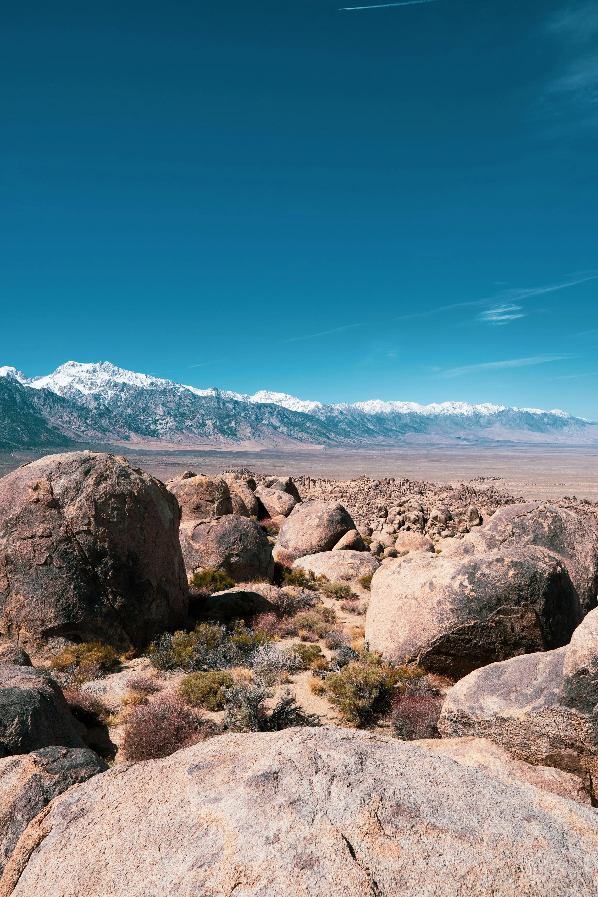 Wide view of a desert landscape with large boulders in the foreground, sparse bushes, a flat valley, and snow-capped mountains under a clear blue sky with few clouds.