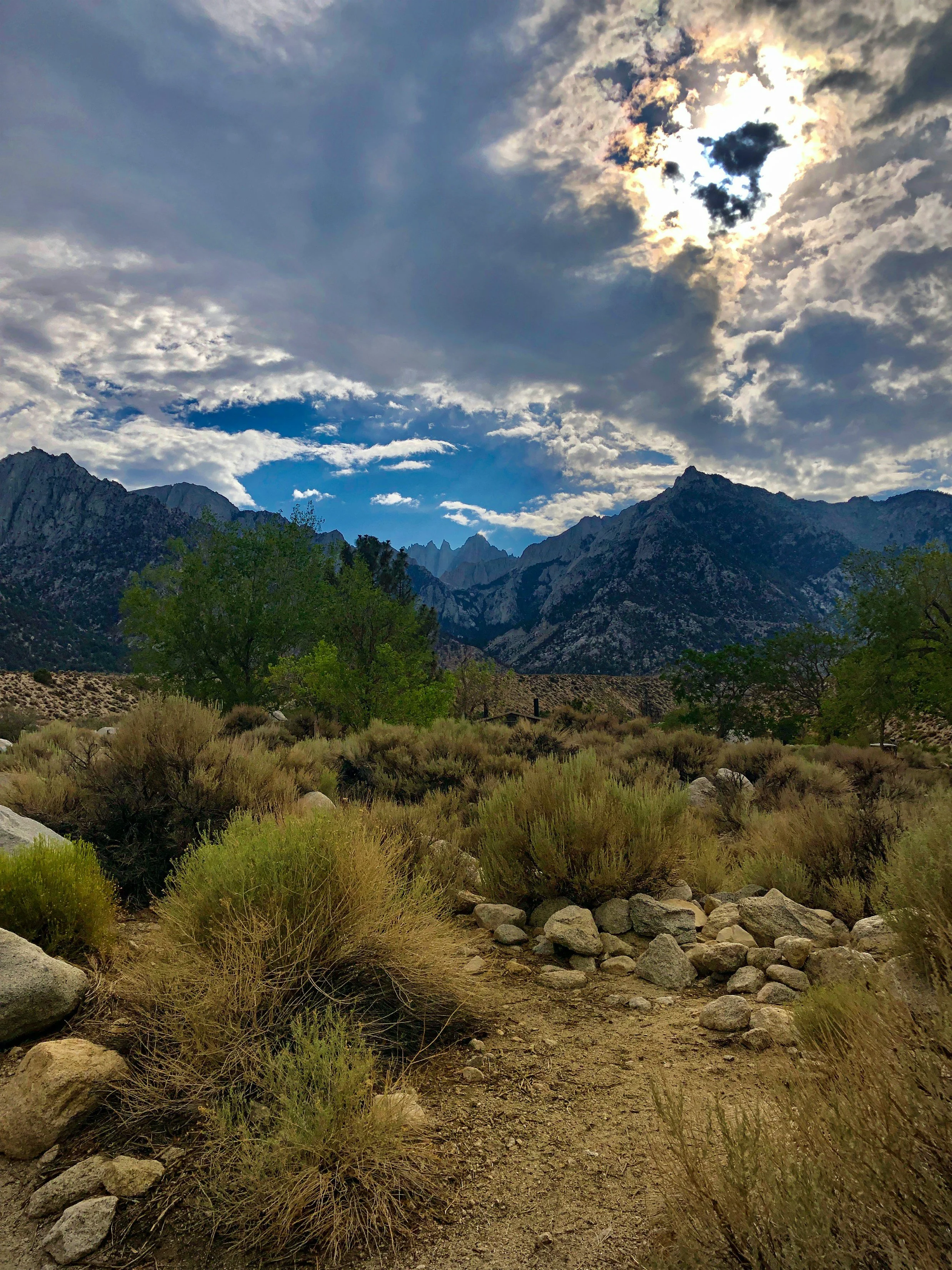 Mountains under a cloudy sky with the sun peeking through and dry shrubbery in the foreground.