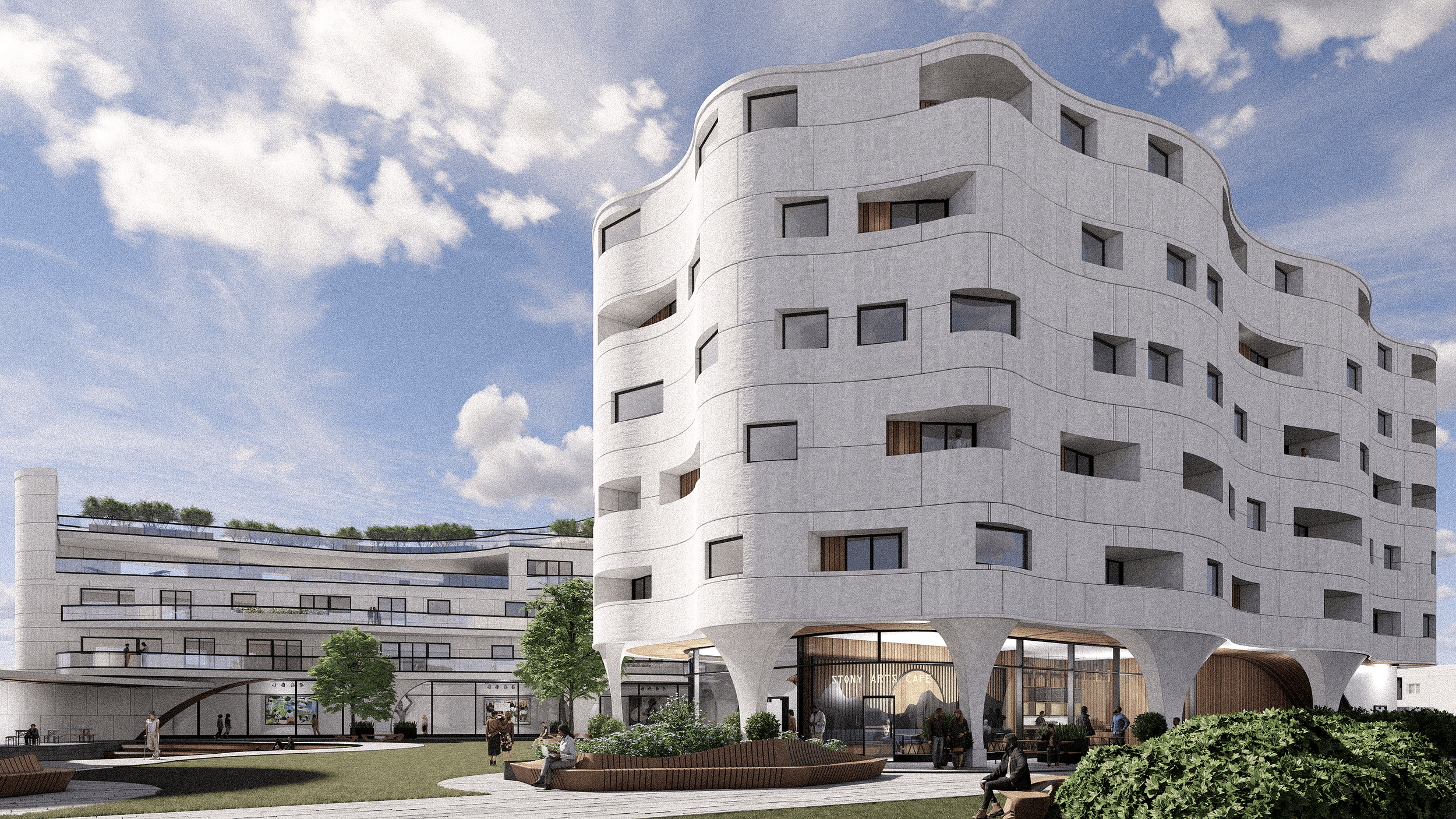 professional grade architectural visualization of a mixed-use project