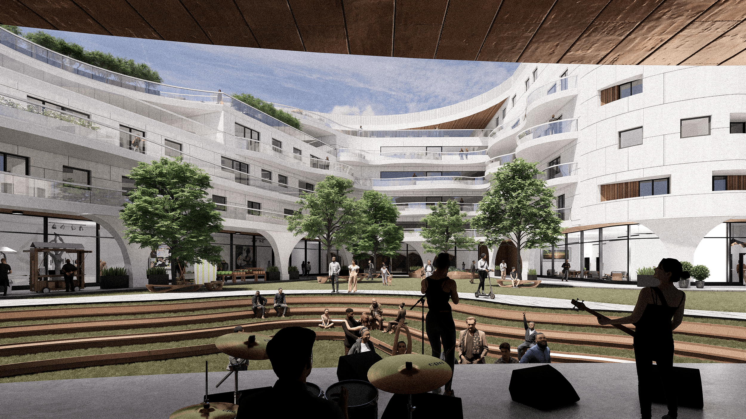 performance space, courtyard design, apartments, balconies, public amenities, design for community