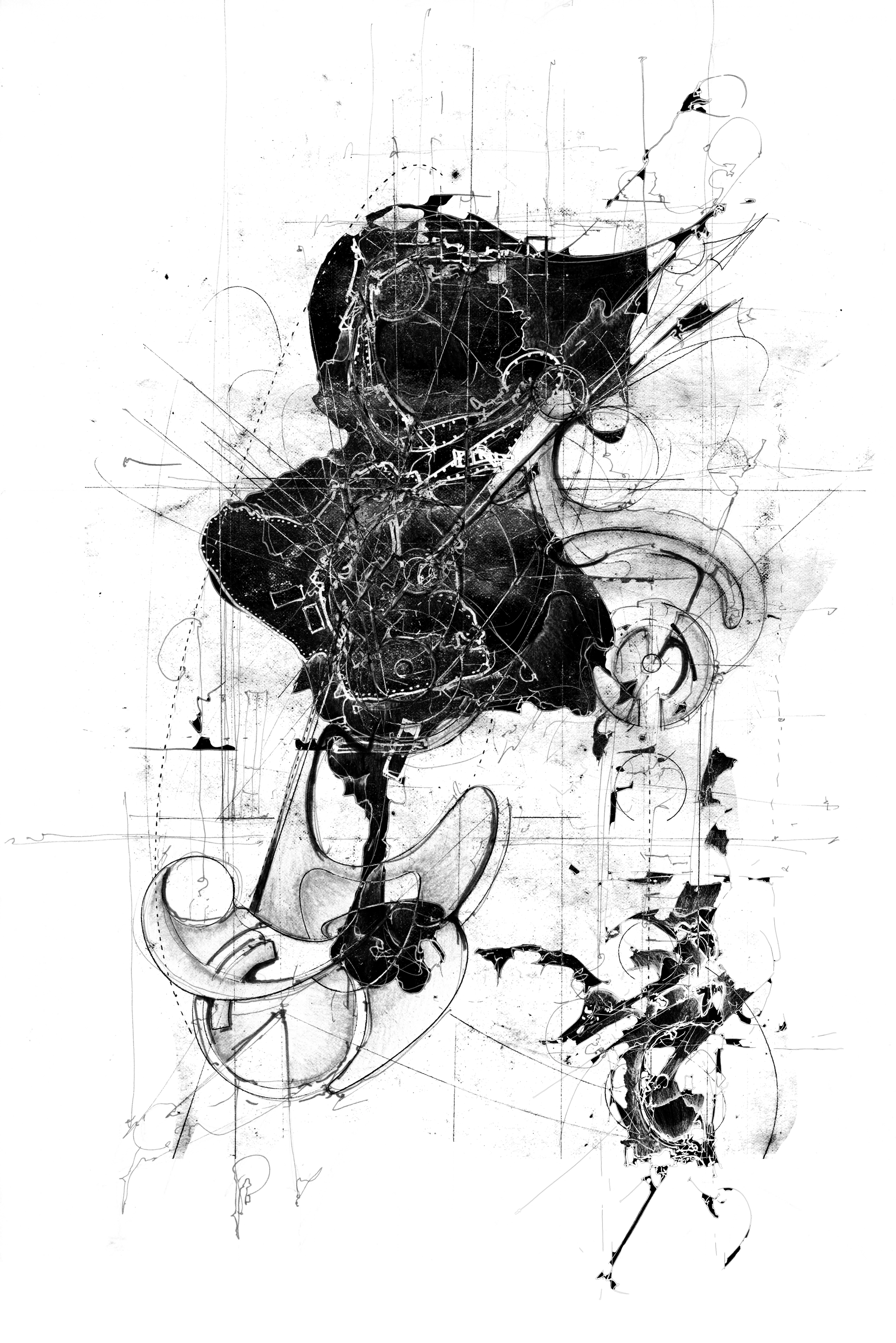 black & white abstract artwork with ink, pencil and charcoal