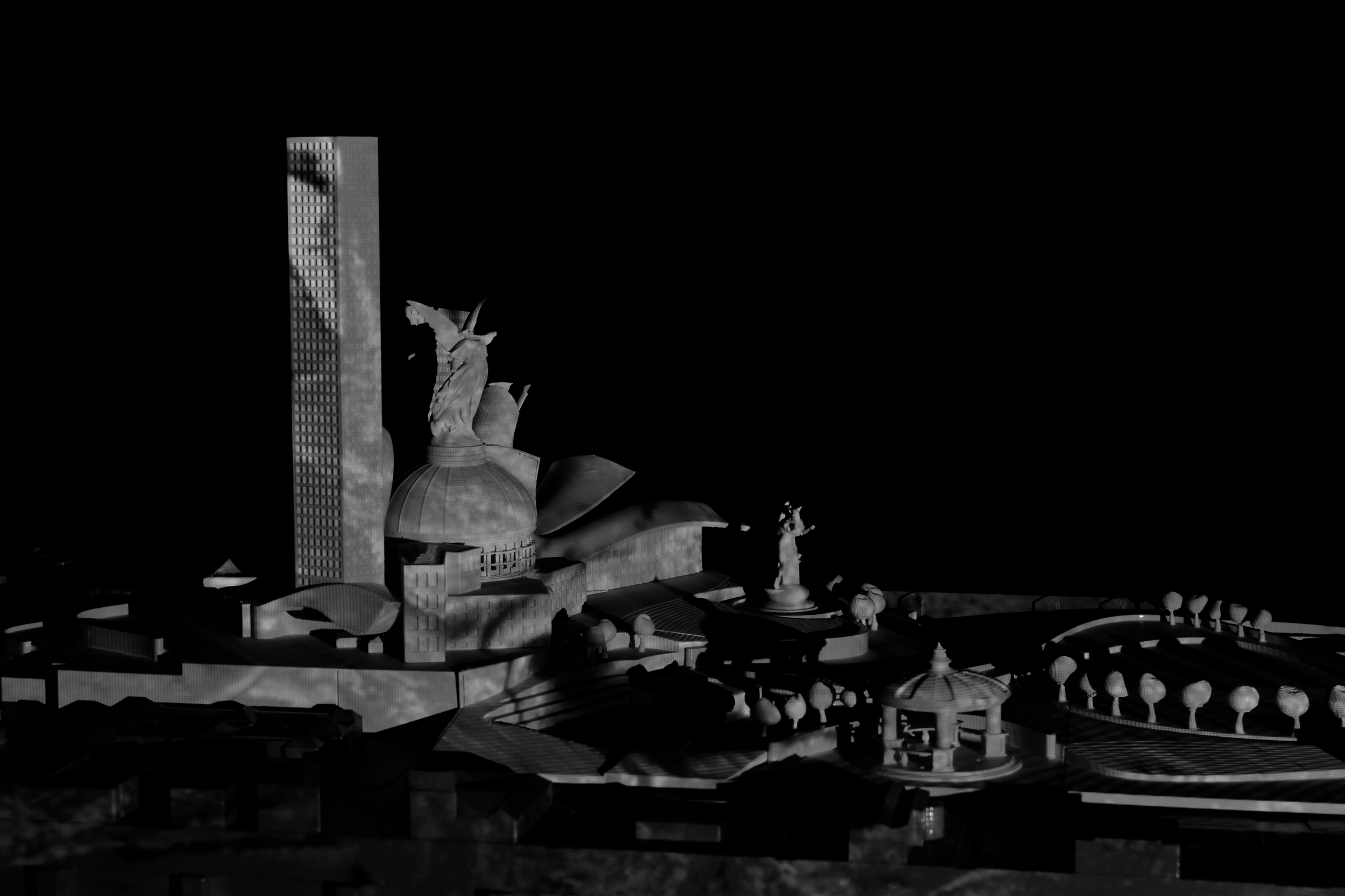 high detail physical architectural model, high contrast, theoretical, morphosis style