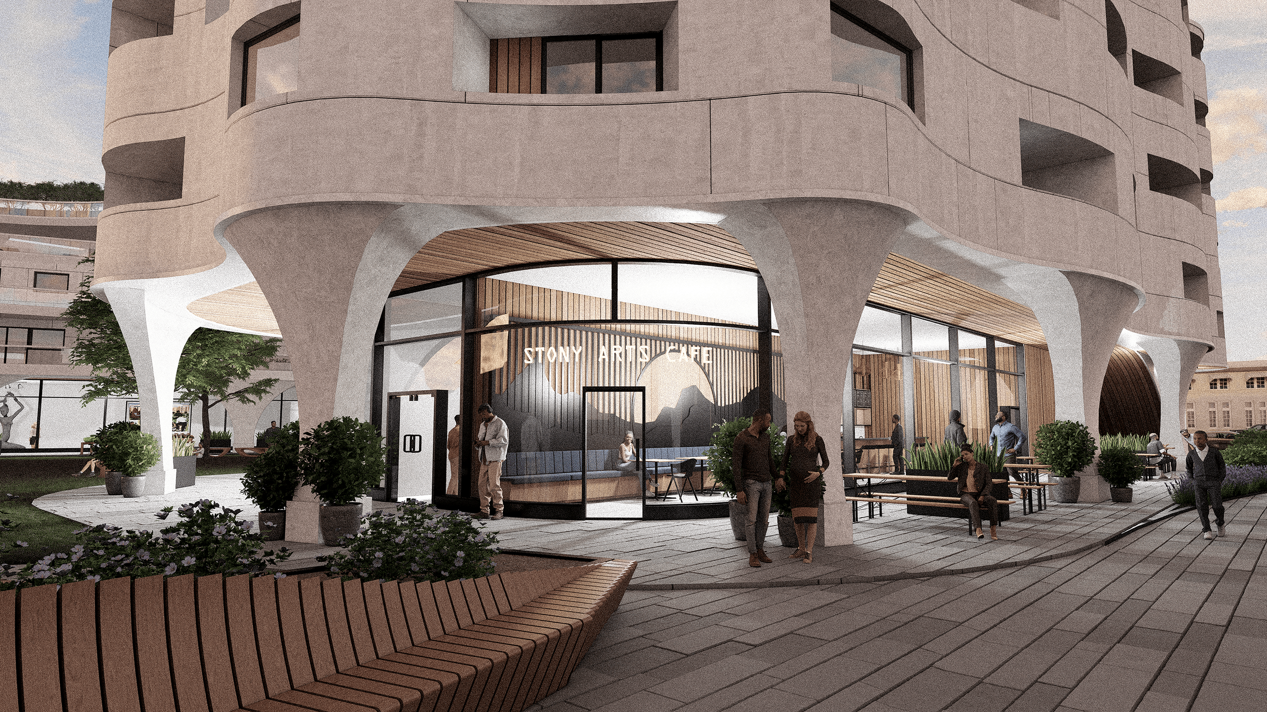 Cafe design, rendering, lively public space design