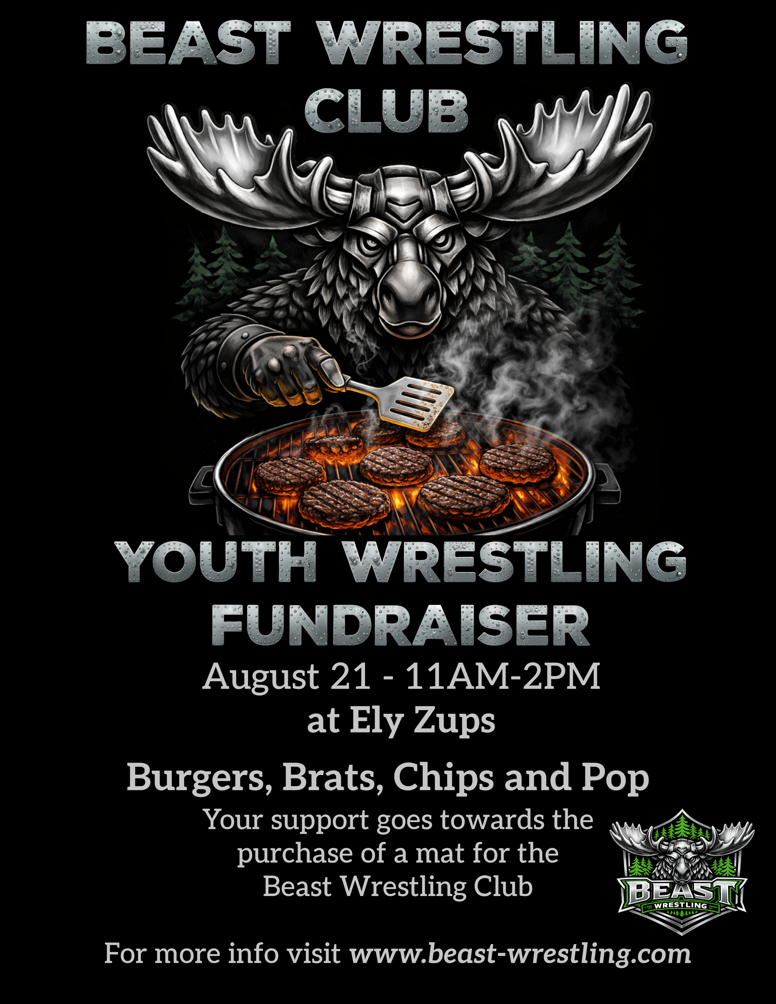 Poster advertising a Beast Wrestling Club fundraiser on August 21 from 11AM to 2PM at Ely Zups, featuring grilled burgers, brats, chips, and pop, with an illustration of a moose with a face mask and boxers grilling meat. The event supports the Beast Wrestling Club.