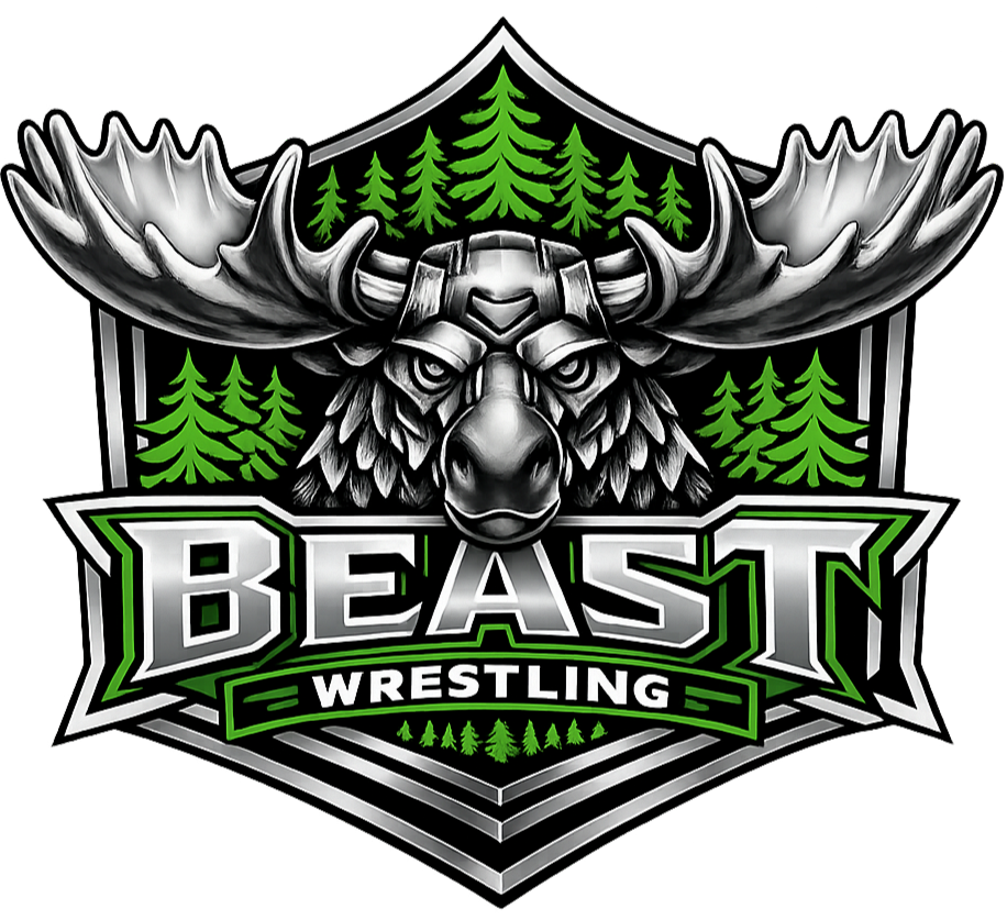 Logo for Beast Wrestling featuring a detailed moose head with large antlers and green pine trees in the background, with the words 'Beast Wrestling' in bold green and white lettering.