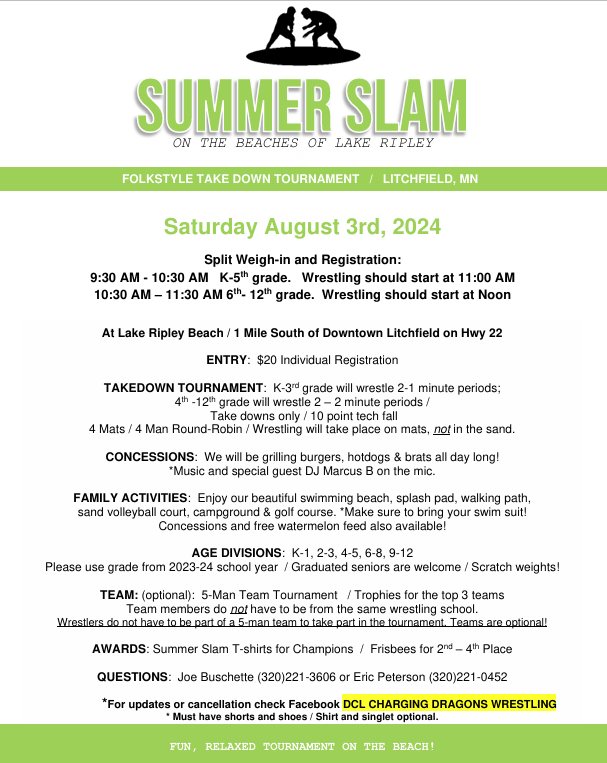 Poster for Summer Slam folkstyle wrestling tournament at Lake Ripley Beach in Litchfield, Minnesota, on August 3rd, 2024. Features details about weigh-ins, registration, tournament rules, concessions, family activities, age divisions, team information, awards, and contact info.