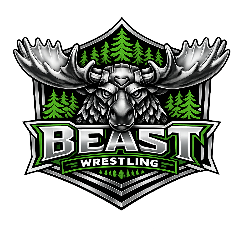 Logo for Beast Wrestling featuring a fierce moose head with antlers, surrounded by green pine trees, with the words "BEAST WRESTLING" in bold, stylized font.
