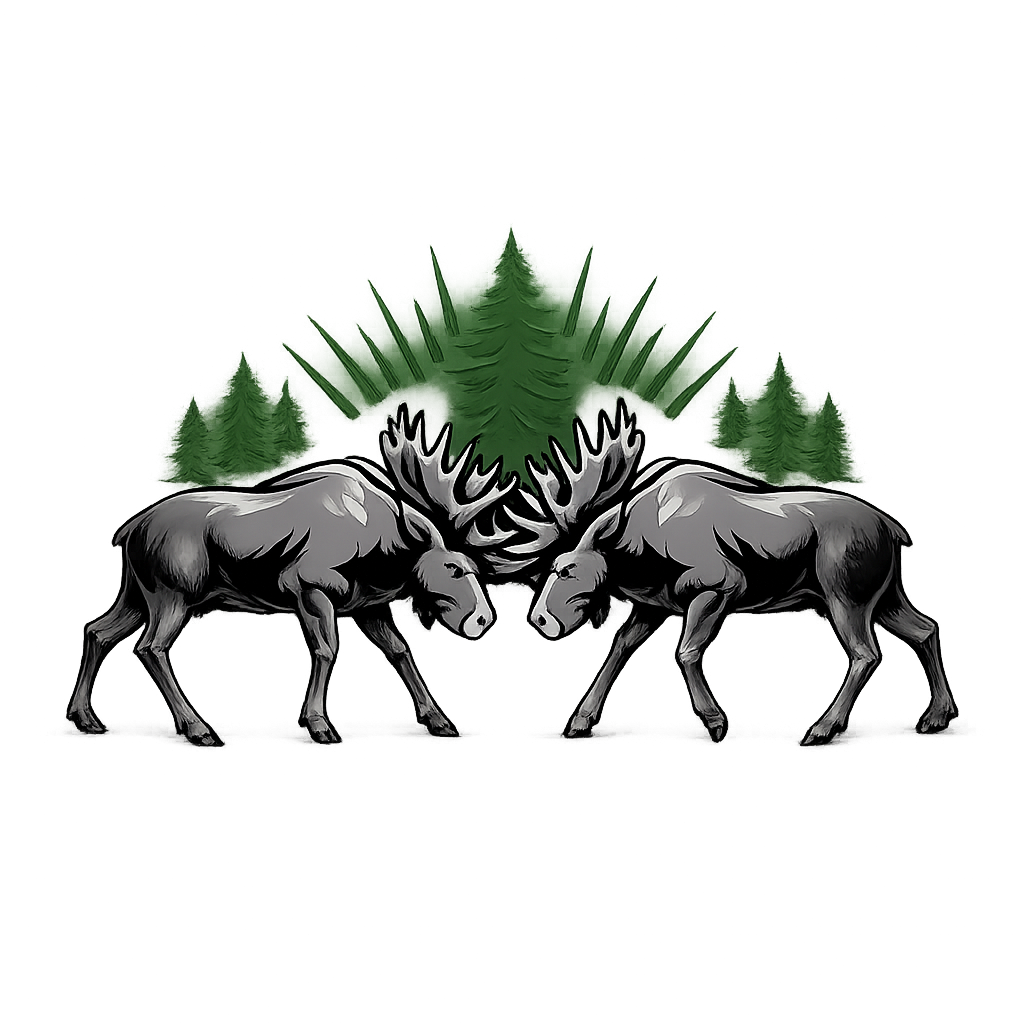 Two gray moose with antlers facing each other in front of green pine trees and purple light effects in the background.