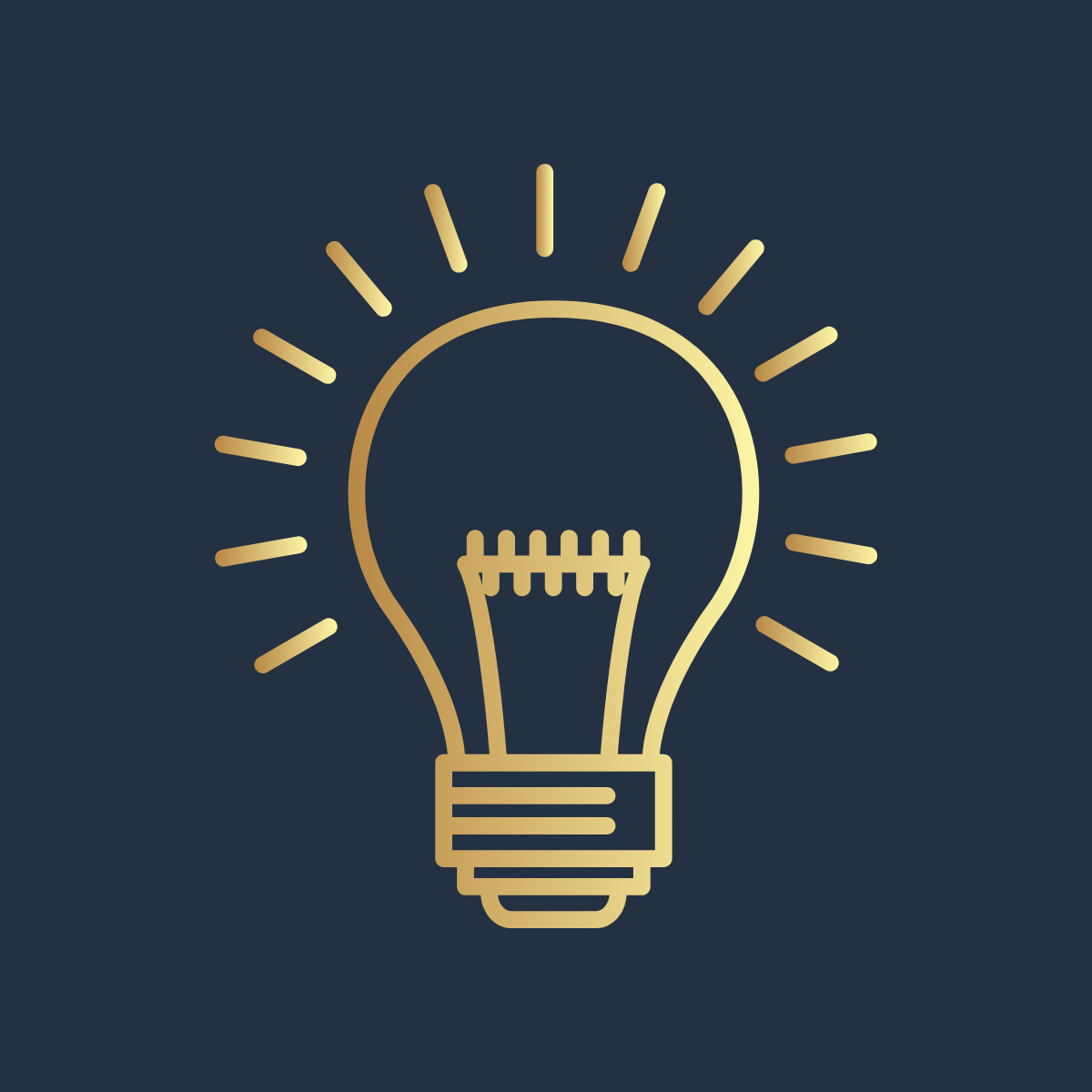 Minimalist gold outline of a light bulb with rays extending outward, on a dark background.