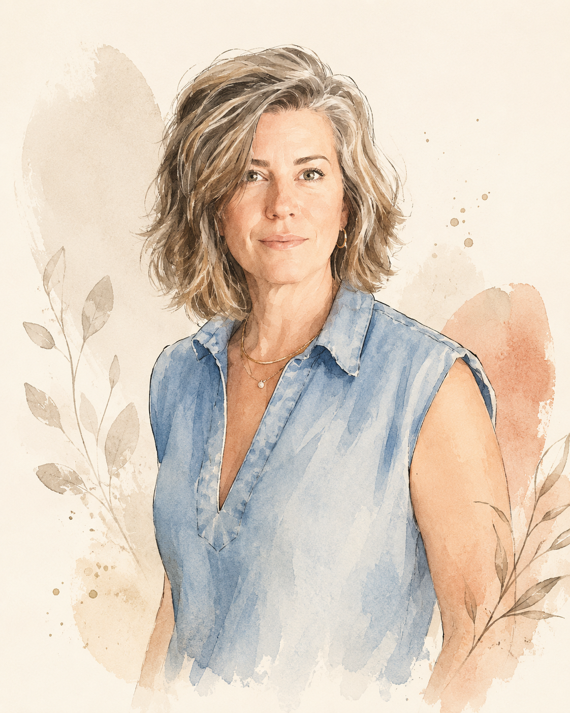 A woman with wavy blonde hair wearing a sleeveless denim shirt, gold necklaces, and earrings, standing against a watercolor background with leaves and abstract shapes.