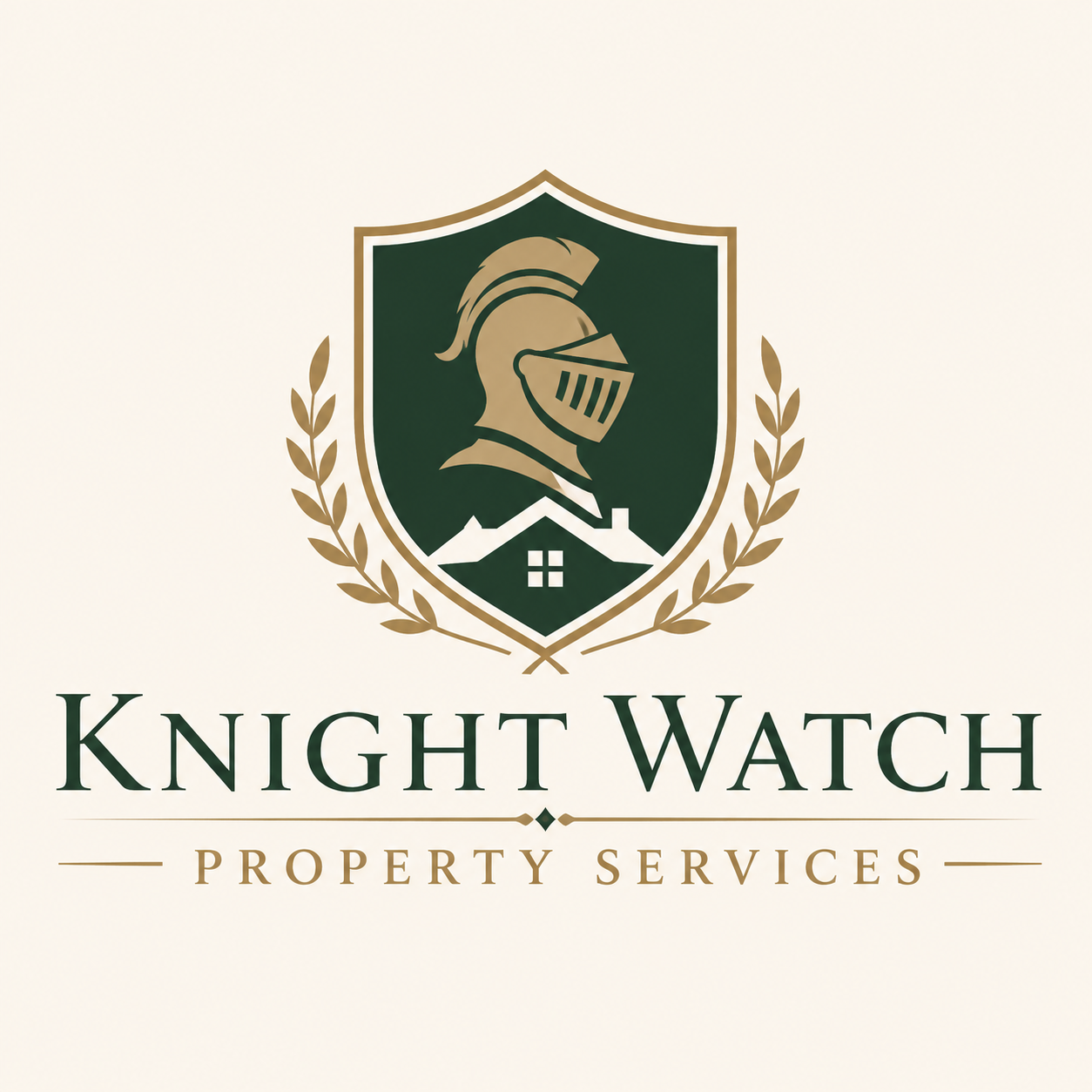 Logo for Knight Watch Property Services featuring a shield with a knight's helmet and house silhouette, surrounded by laurel branches, with the company name and service description below.