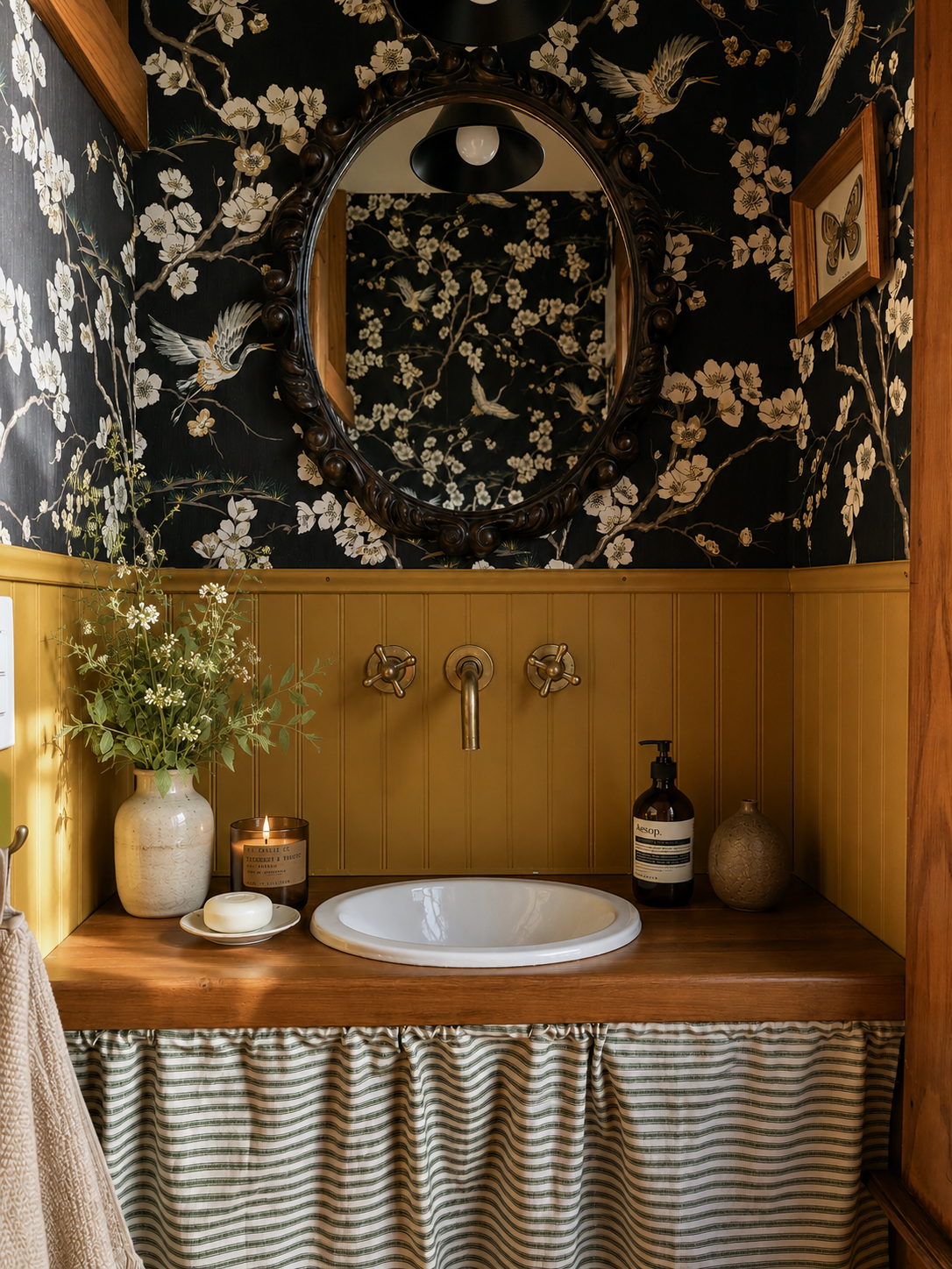 vintage powder room, wall mounted faucet, sink skirt, wallpaper guest bath