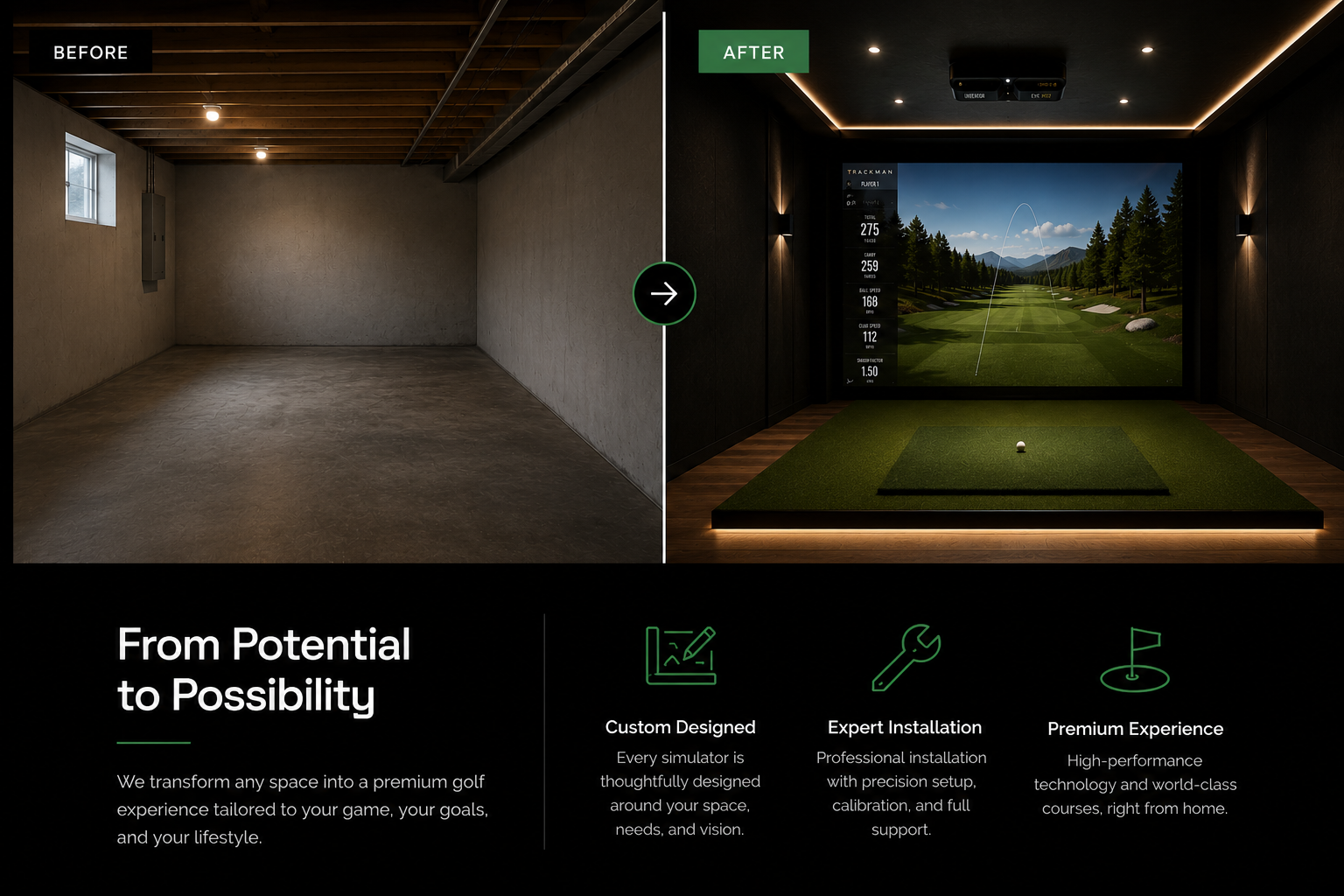 Side-by-side comparison of a basement before and after transformation into a golf simulator room. The 'before' image shows an empty unfinished room with concrete floors and walls, a ceiling with exposed wooden beams, and small windows. The 'after' image depicts a finished, dark-walled golf simulator room with ceiling lighting, a large digital screen displaying a golf course, a putting mat, and golf simulation data on the side. Text highlights custom design, expert installation, and premium experience for transforming a space into a golf simulation room.