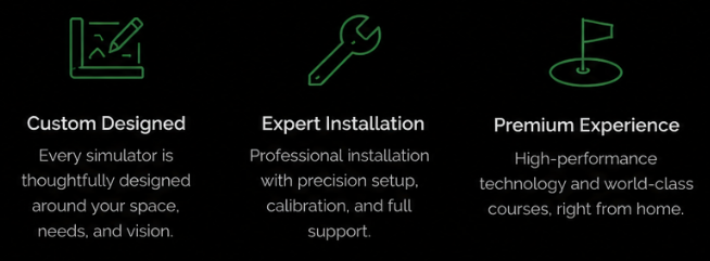 Three icons with text highlighting custom design, expert installation, and premium experience.