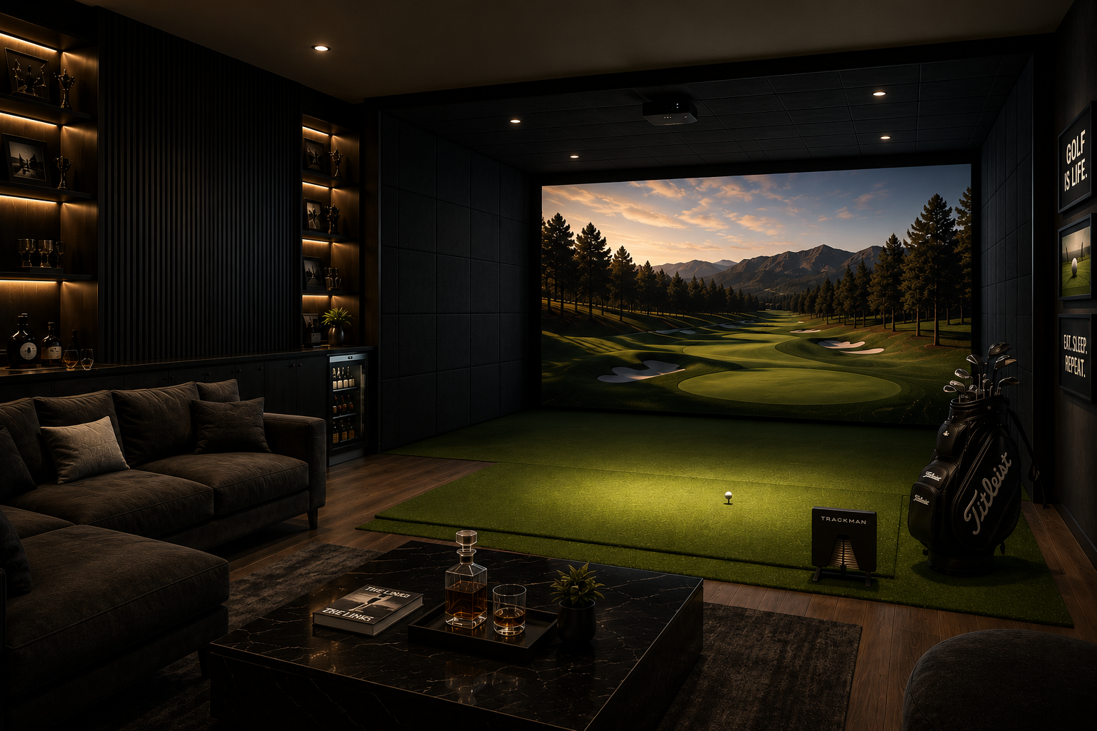 Indoor golf simulator room with a large screen displaying a golf course landscape, a golf bag with clubs, a putting green, and cozy seating area with a sofa, coffee table, and decorative items.