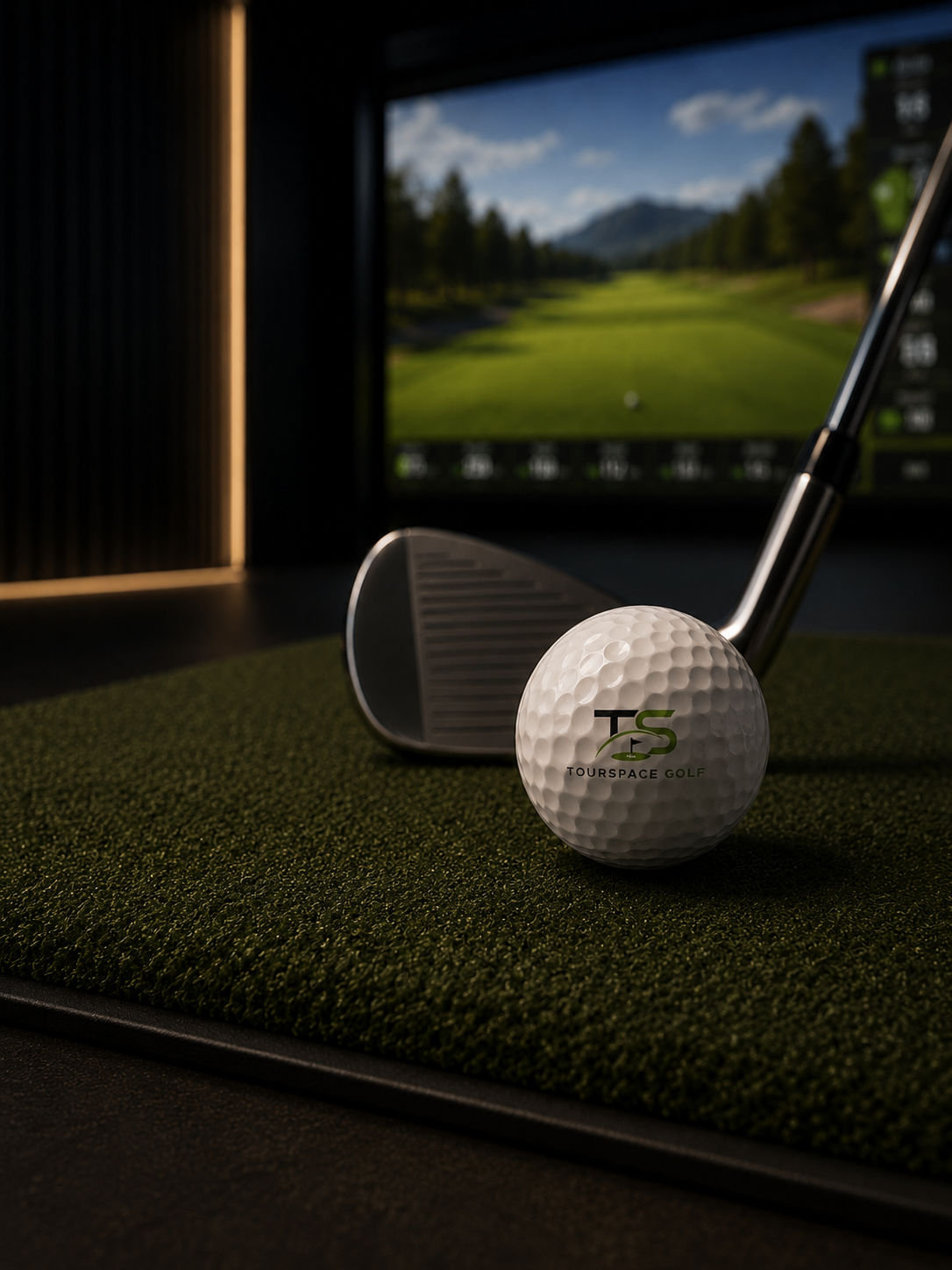 Golf ball and golf club on a practice mat with a golf simulator screen in the background.