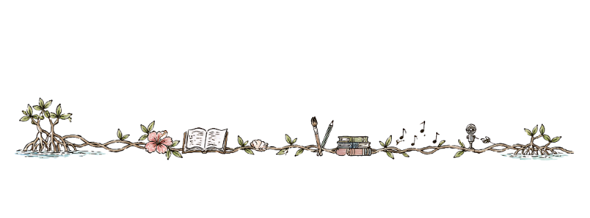 A horizontal illustration of a nature scene with small plants, flowers, an open book, and bookshelves connected by vines.