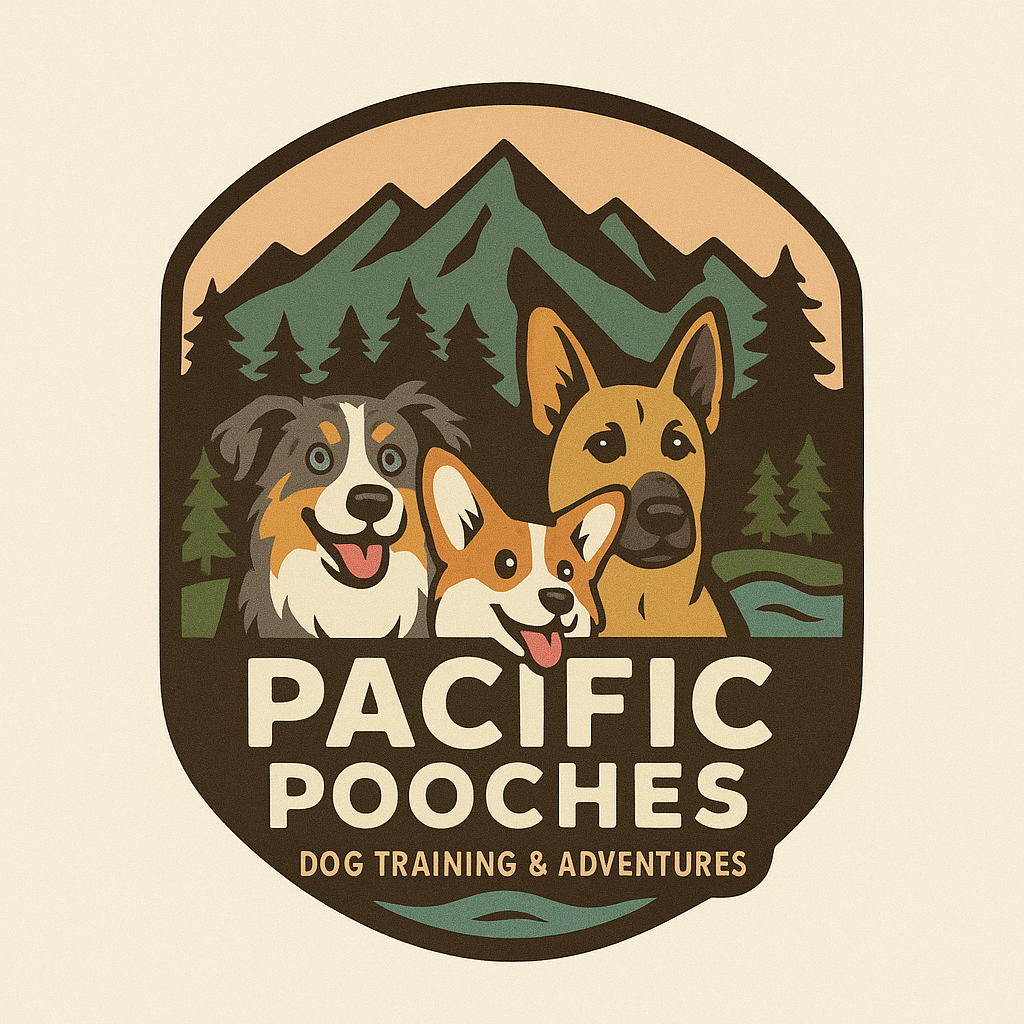 A logo for Pacific Pooches featuring three illustrated dogs (a Border Collie, a Corgi, and a German Shepherd) with mountains, trees, and a lake in the background, and the text 'Dog Training & Adventures'.