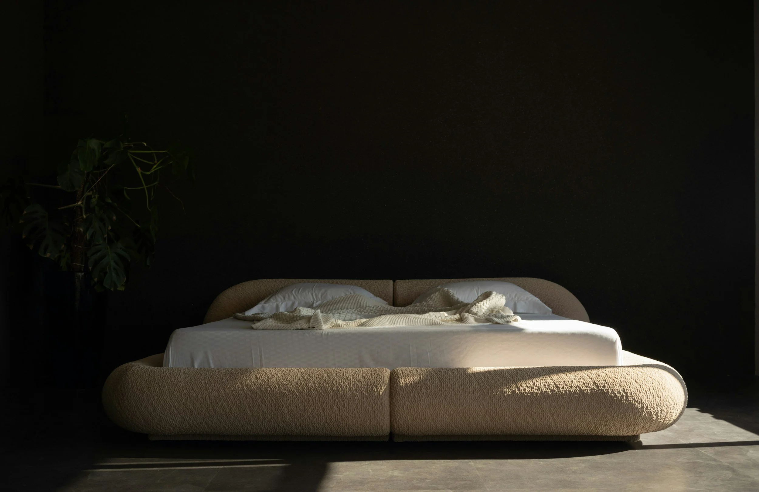 A minimalist bedroom with a black wall, a beige rounded bed with white bedding, a knitted blanket, and a green potted plant on the left.