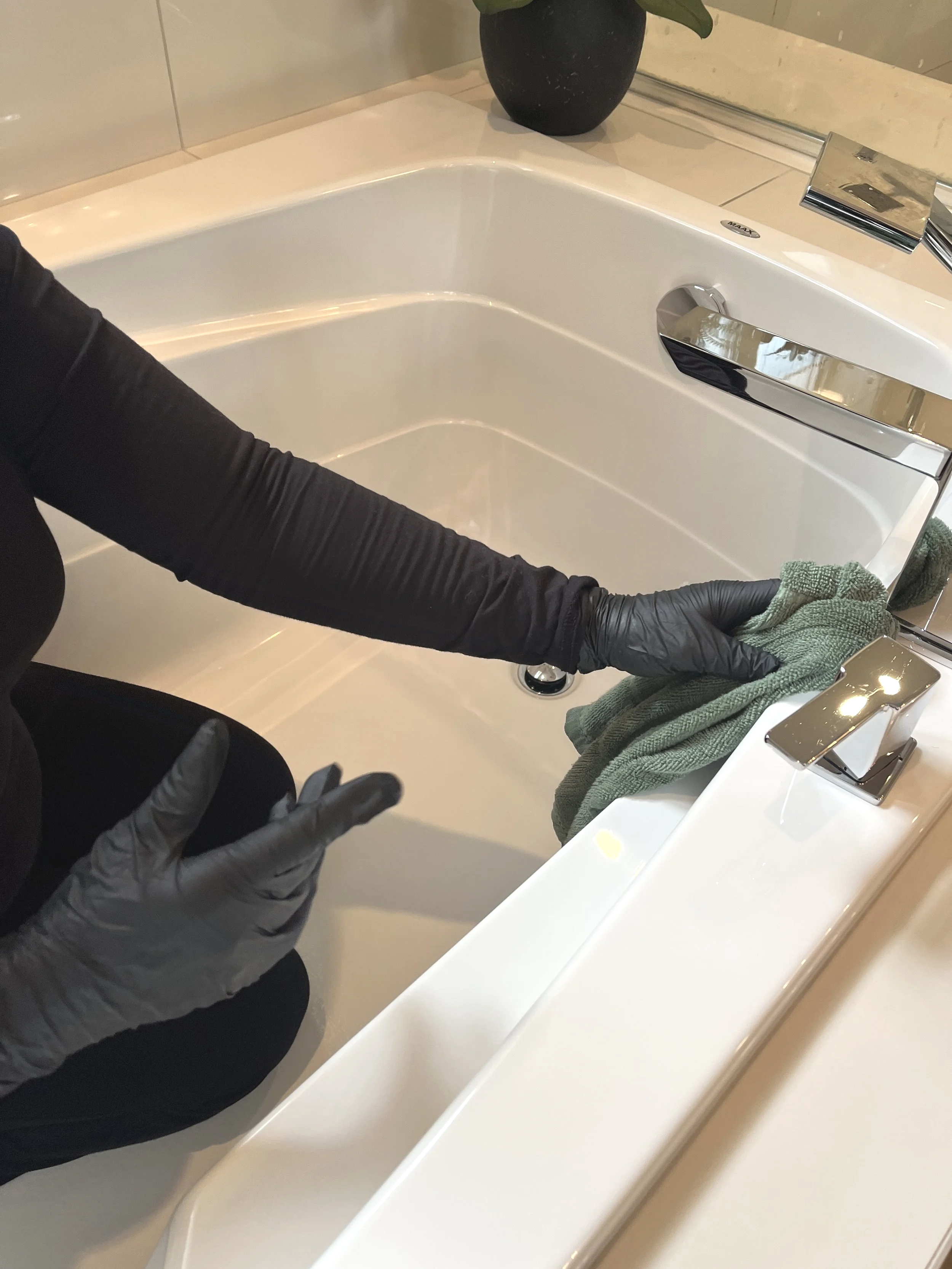We do not simply wipe of surfaces, everything get washed entirely and then dried and buffed. Nothing is left wet.