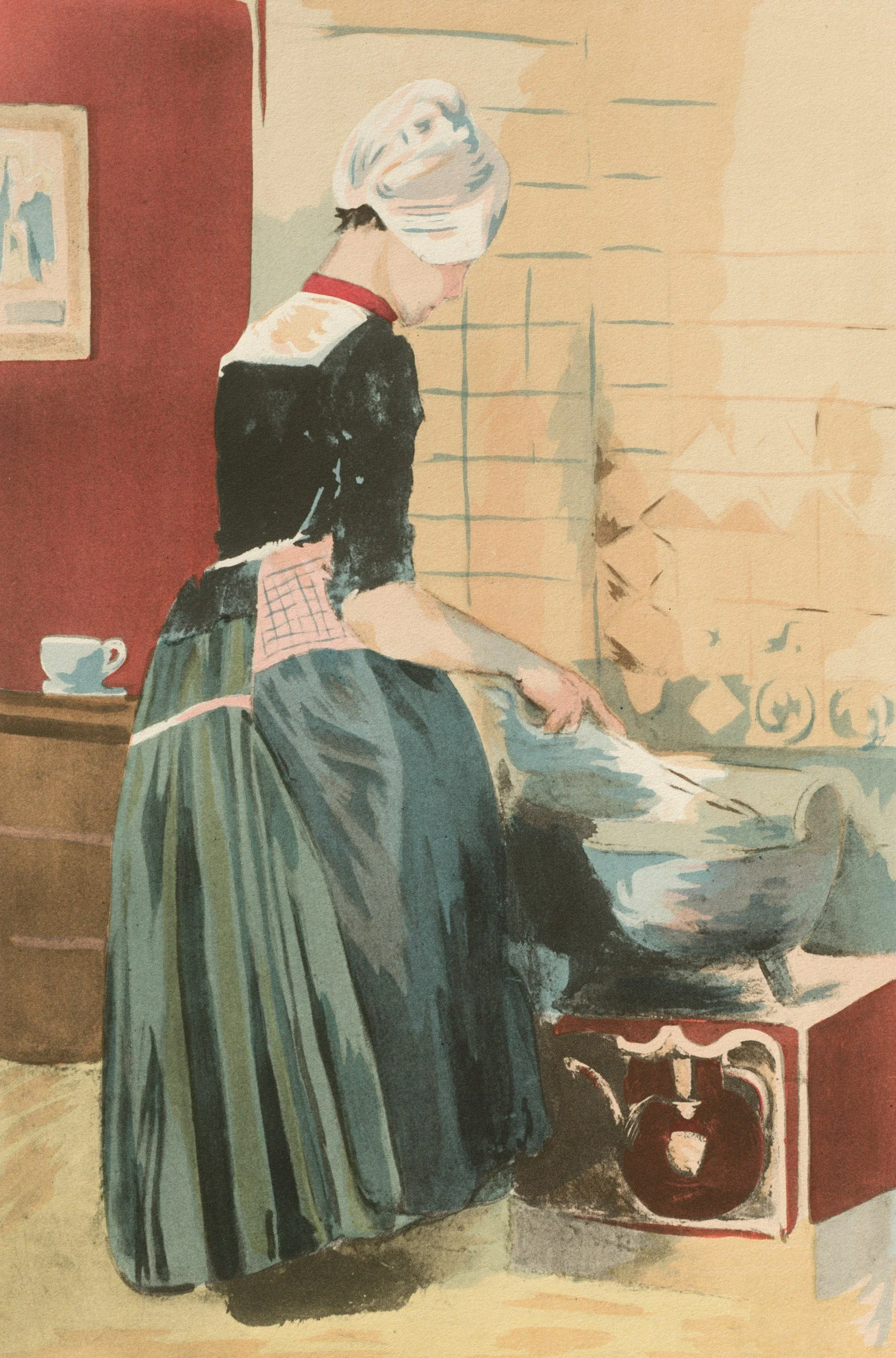 A woman wearing a black dress with a red and white checkered apron and glasses, bending over a large basin or tub, with a cup on a nearby table and a brick wall in the background.