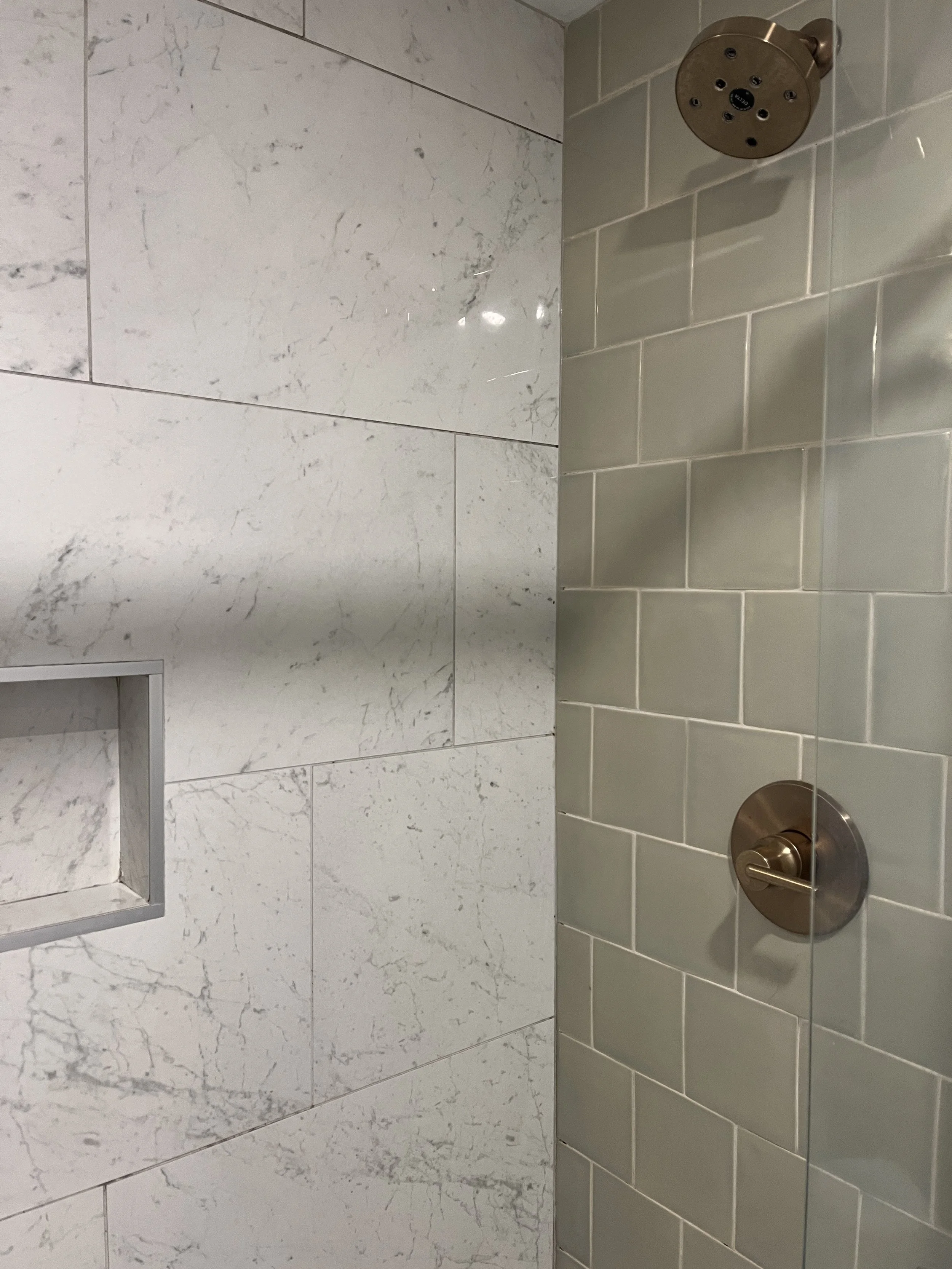 After, built up soap scum and grime removed with deep scrubbing of surfaces that eliminate dirt but preserve the integrity of tile and brass finishes.