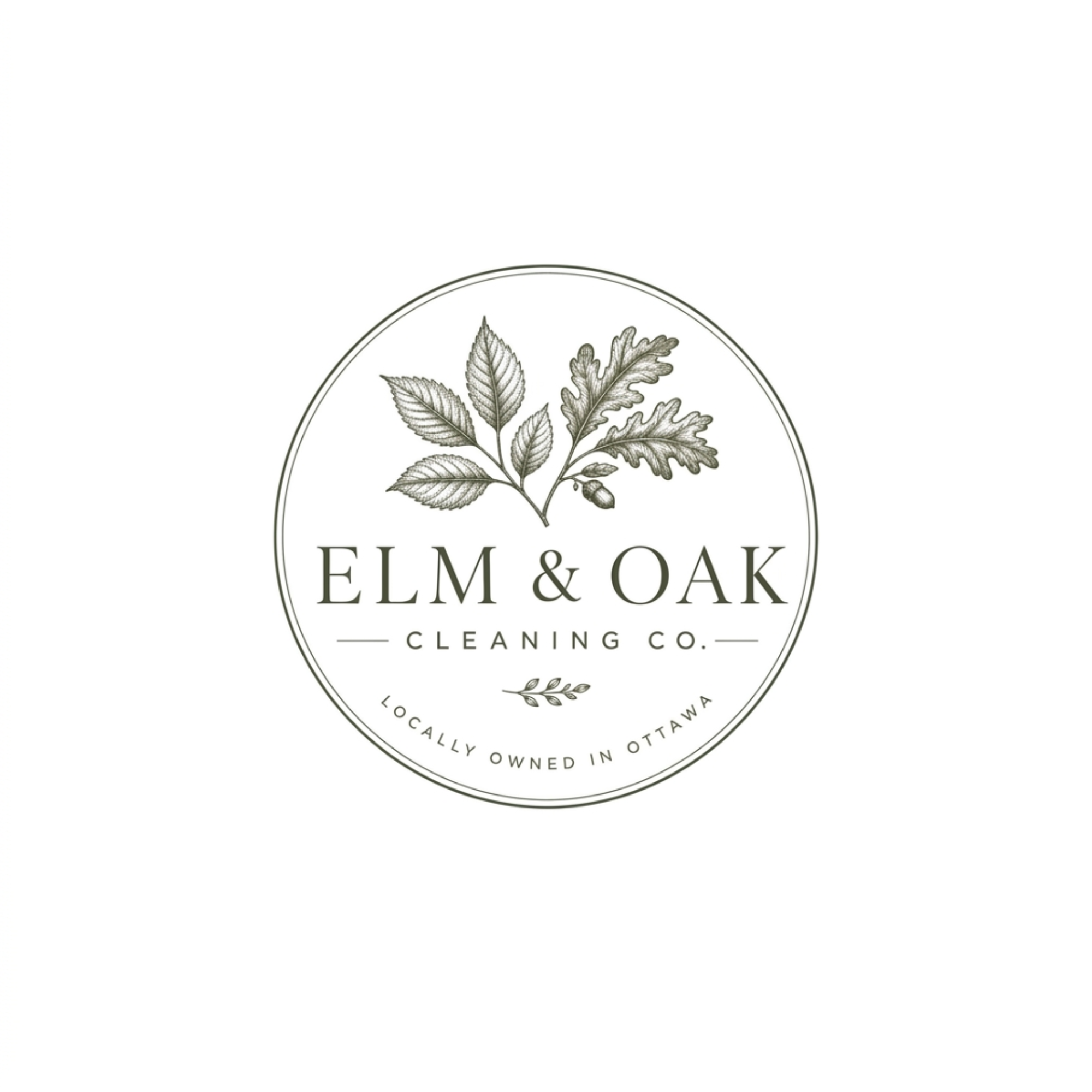 Logo for Elm & Oak Cleaning Co. featuring illustrated leaves and text indicating the company is locally owned in Ottawa.