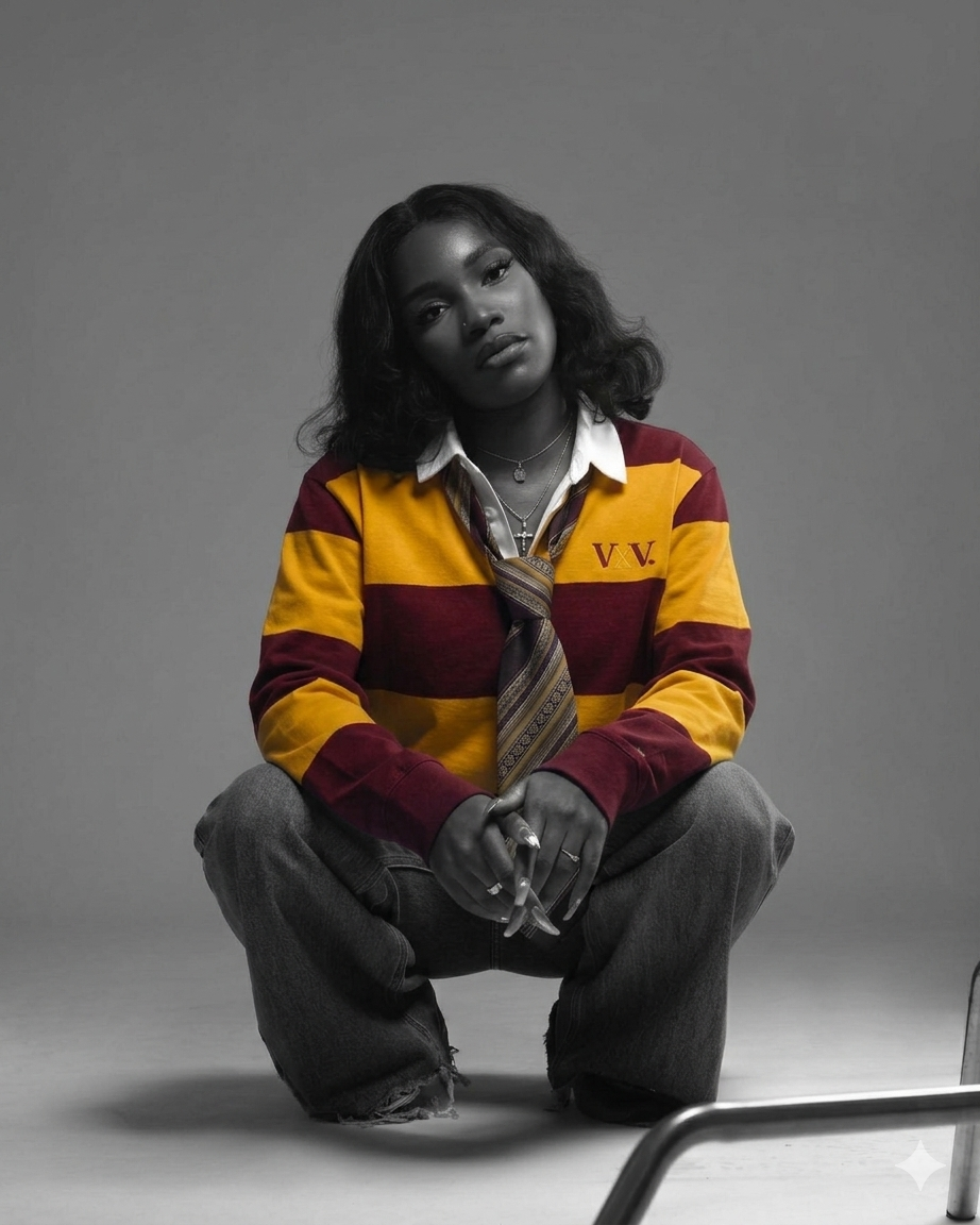 A young woman with curly hair and dark skin, wearing a maroon and gold striped rugby shirt, white collar, striped tie, layered necklaces, and distressed jeans, sitting on the floor with her legs apart, looking directly at the camera against a plain background.