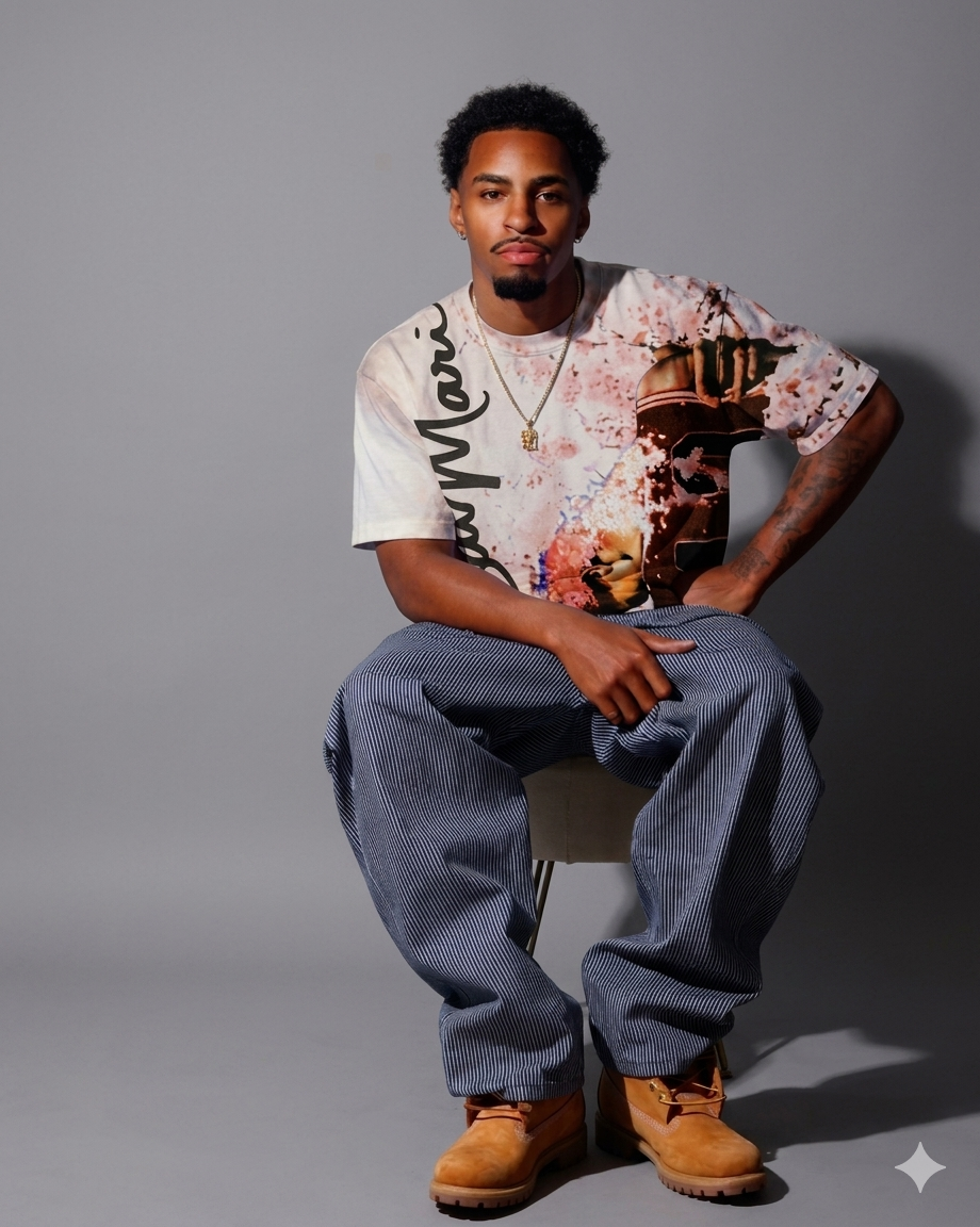 A young man with dark curly hair and a goatee sitting on a stool against a plain gray background. He is wearing a colorful tie-dye T-shirt, striped loose-fitting pants, tan work boots, and gold jewelry, with one hand resting on his knee and the other on his hip.