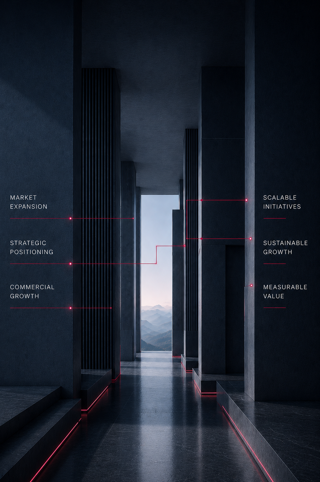 A modern dark building corridor with mountain view through the opening at the end, labeled with business growth and strategic terms.
