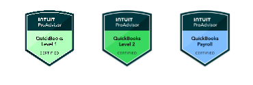 Three badges for Intuit ProAdvisor certifications in QuickBooks, labeled 'Level 1,' 'Level 2,' and 'Payroll,' with green, green, and blue designs respectively.