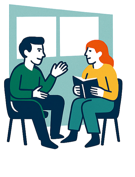 Illustration of two people talking in a waiting room, one with dark hair and glasses wearing a green jacket and the other with red hair and glasses wearing a yellow top, with a window showing a black night sky.
