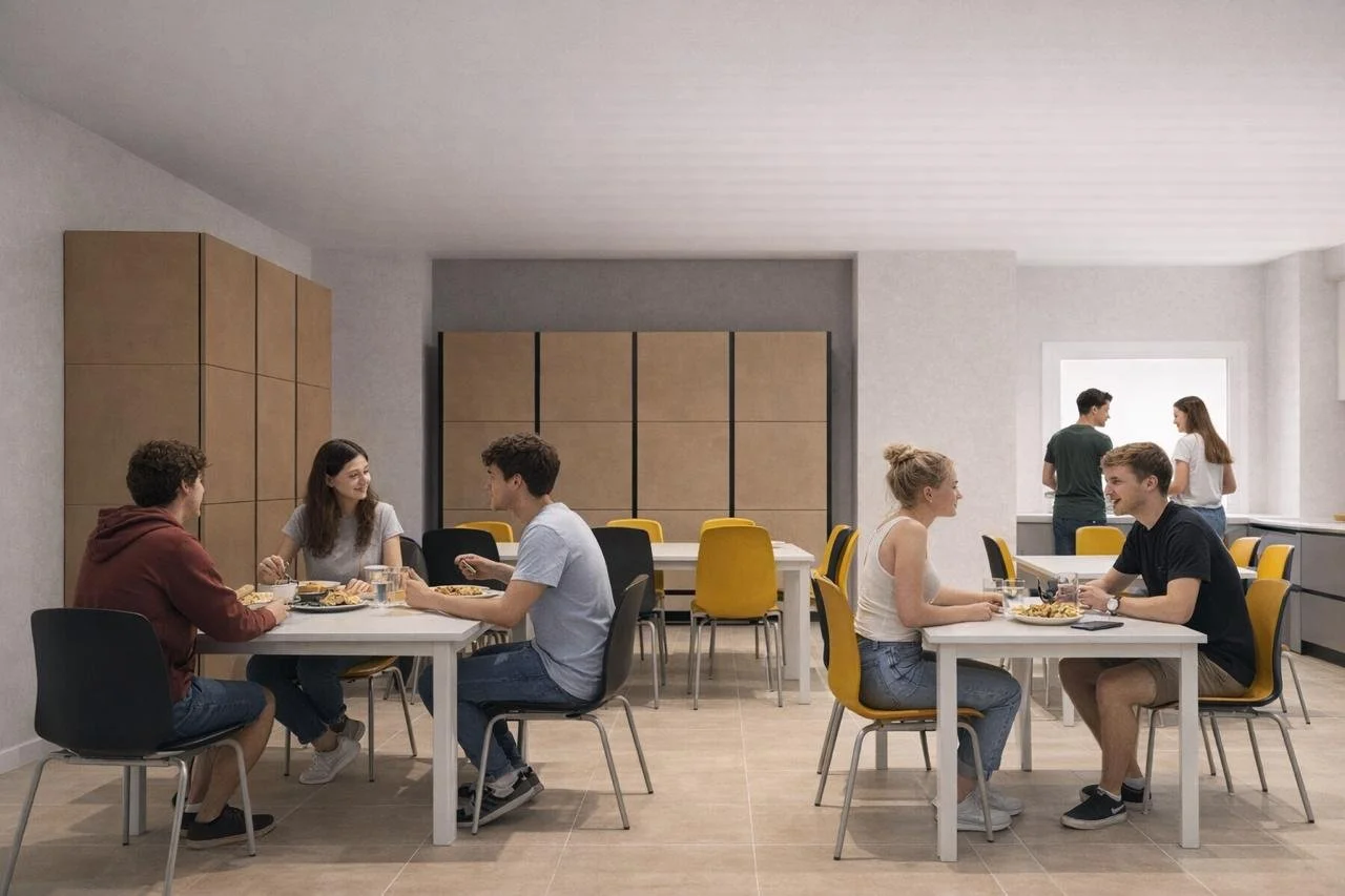 People sitting at two tables in a cafeteria or dining area, engaging in conversation and meals, with shelves and natural light in the background.