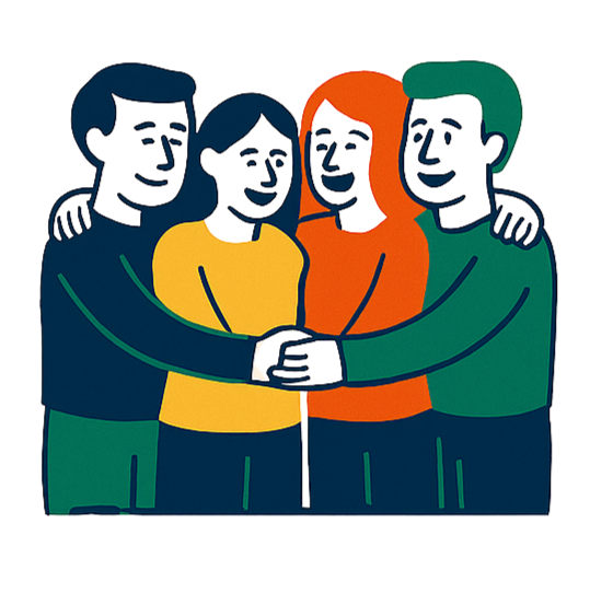 Four people standing close together with arms around each other, smiling, and holding a smartphone.