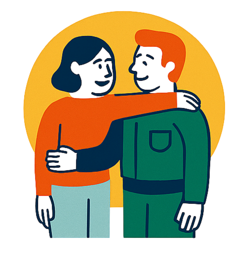 An illustration of two people hugging, smiling, and facing each other. The woman has shoulder-length hair and is wearing an orange top and white pants. The man has short hair and is wearing a green jacket and dark pants. They are standing against a yellow circular background.
