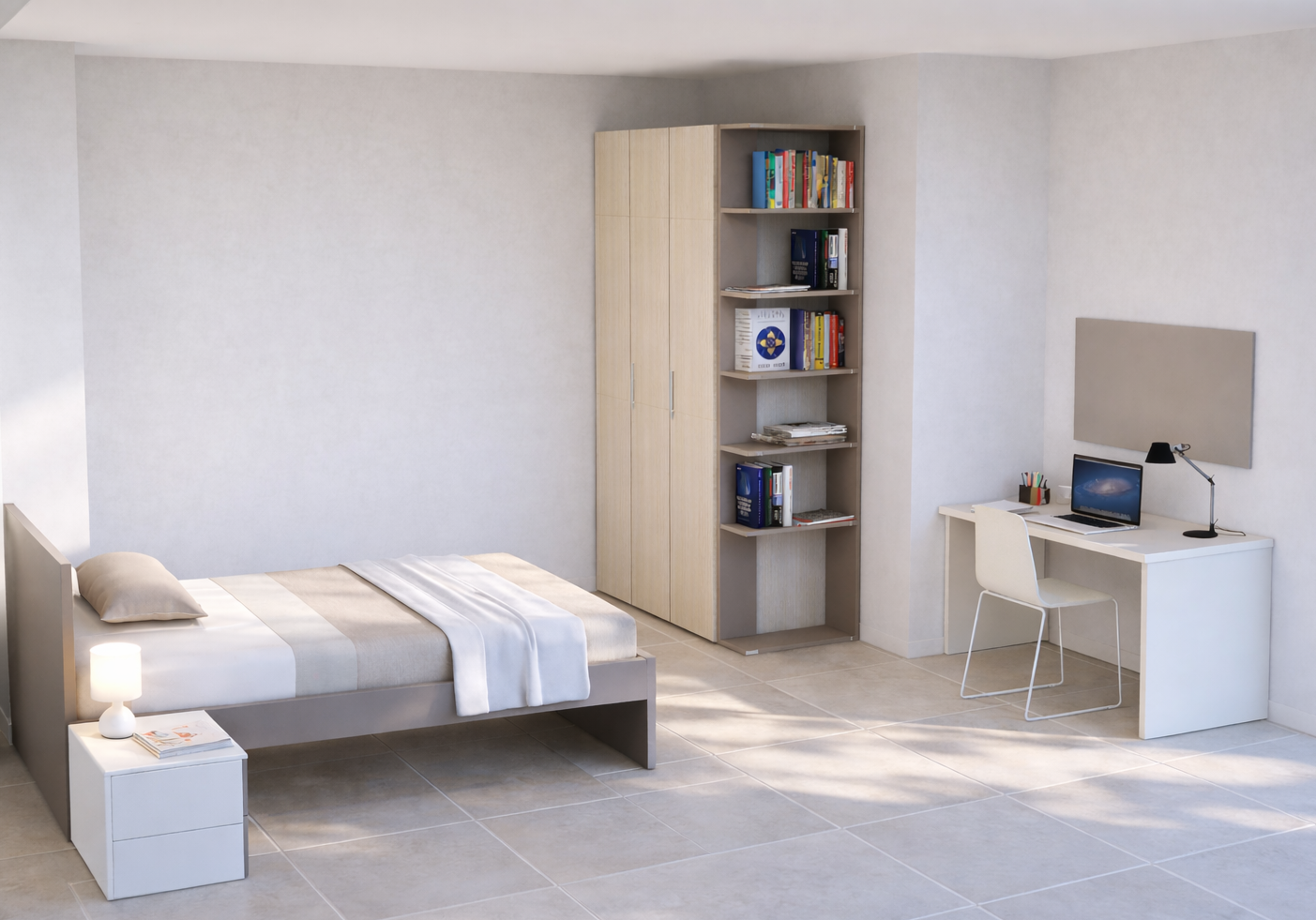 Minimalist bedroom with a bed, white nightstand, lamp, bookshelf, and desk with laptop and lamp.