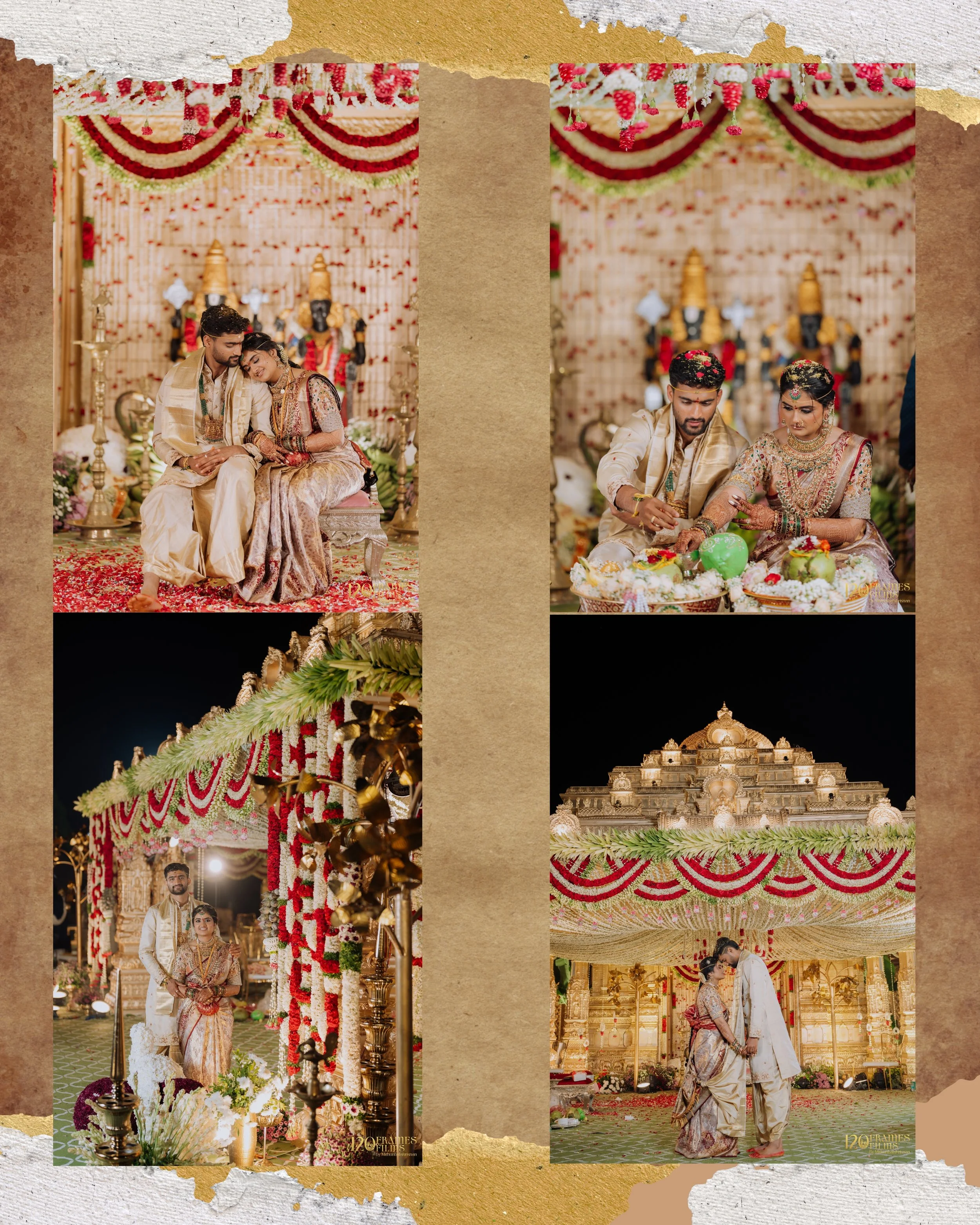 A traditional Indian wedding scene with the bride and groom in ornate attire, surrounded by floral decorations, a decorated canopy, and festive lighting.