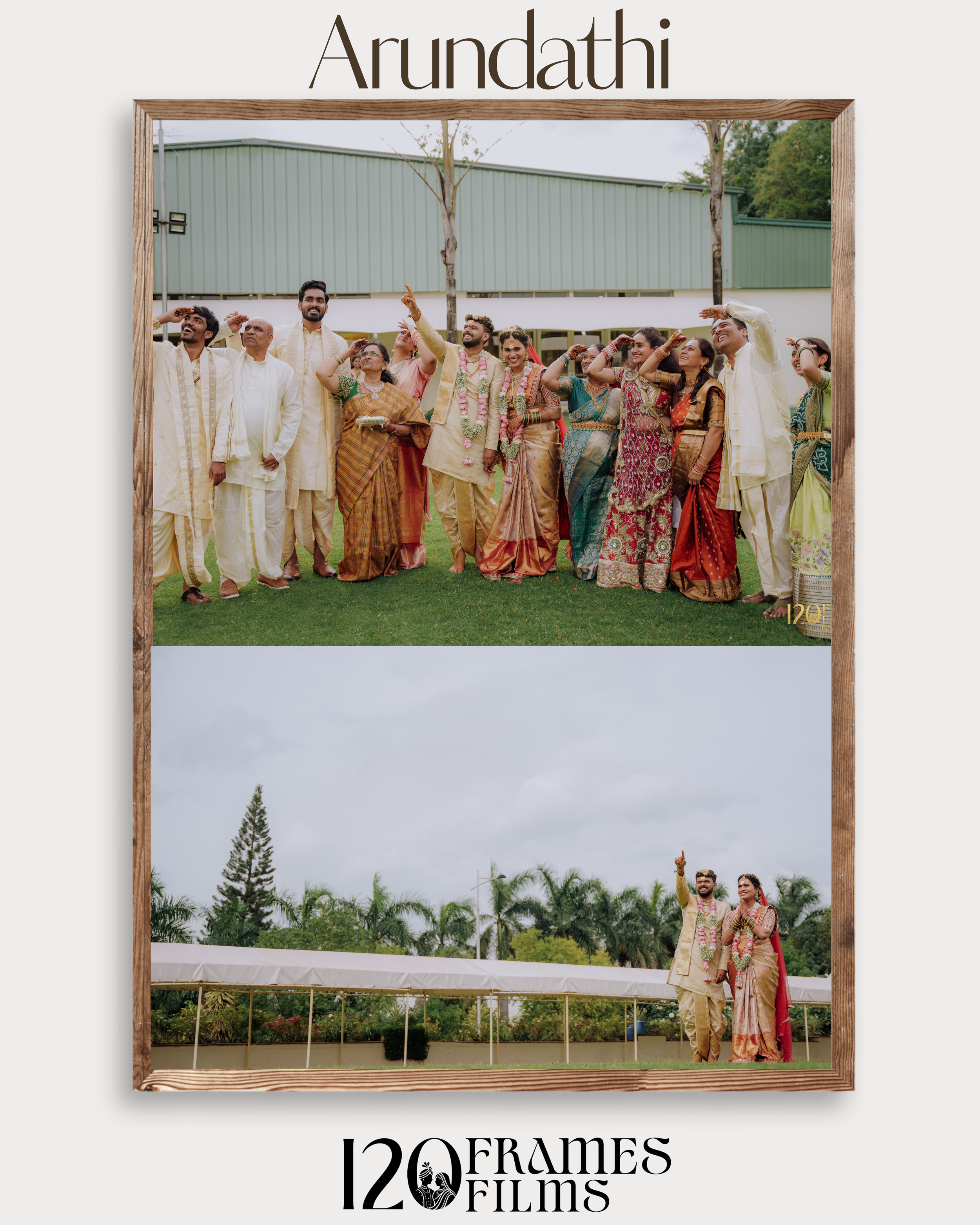 A large photo frame with a wedding photo of a South Asian couple and friends in traditional attire, standing outdoors on a grassy field with trees and a building in the background.