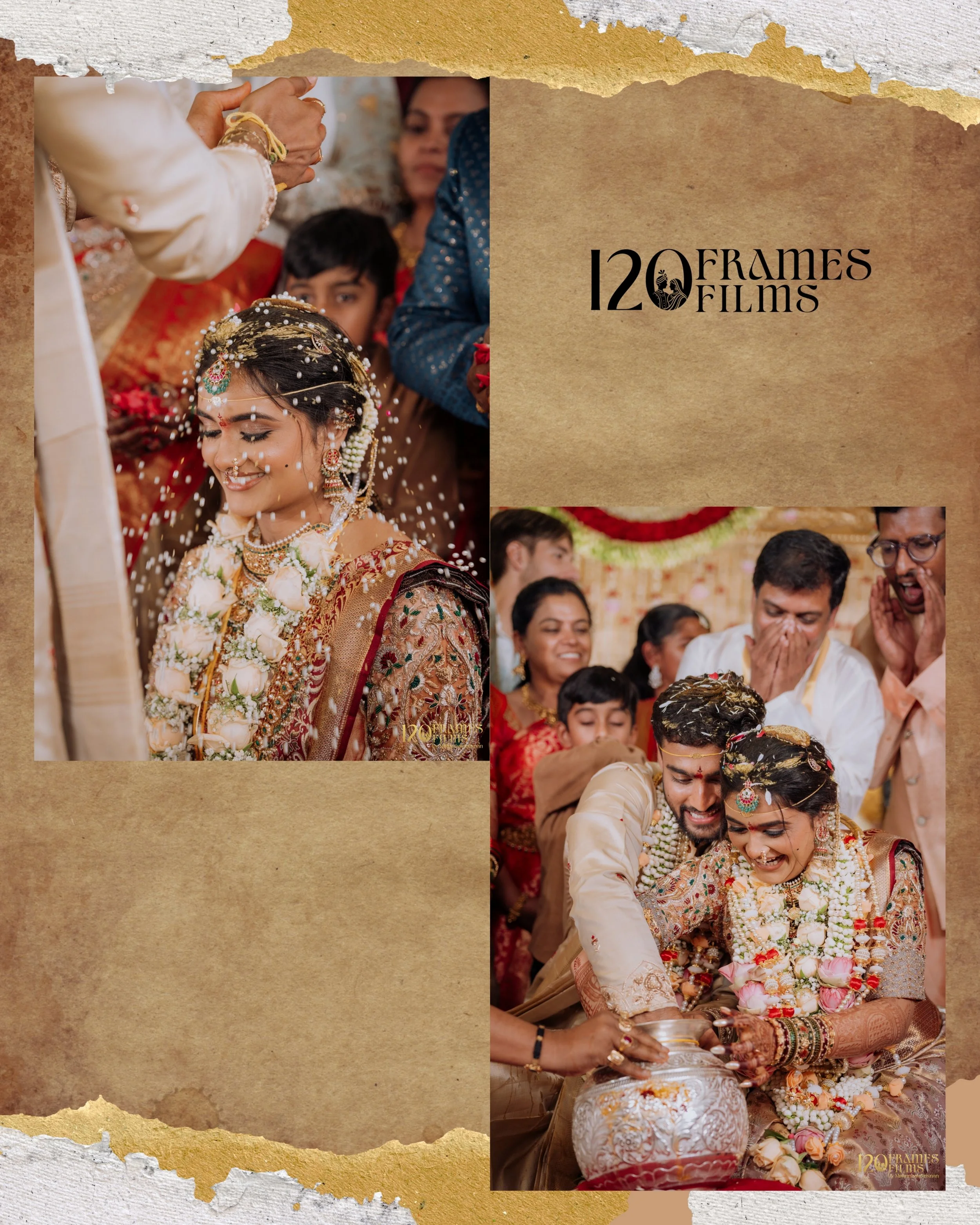 A bride and groom participate in a traditional Indian wedding ceremony, dressed in ornate attire and jewelry, pouring water from a decorated vessel as part of the ritual, surrounded by family members.