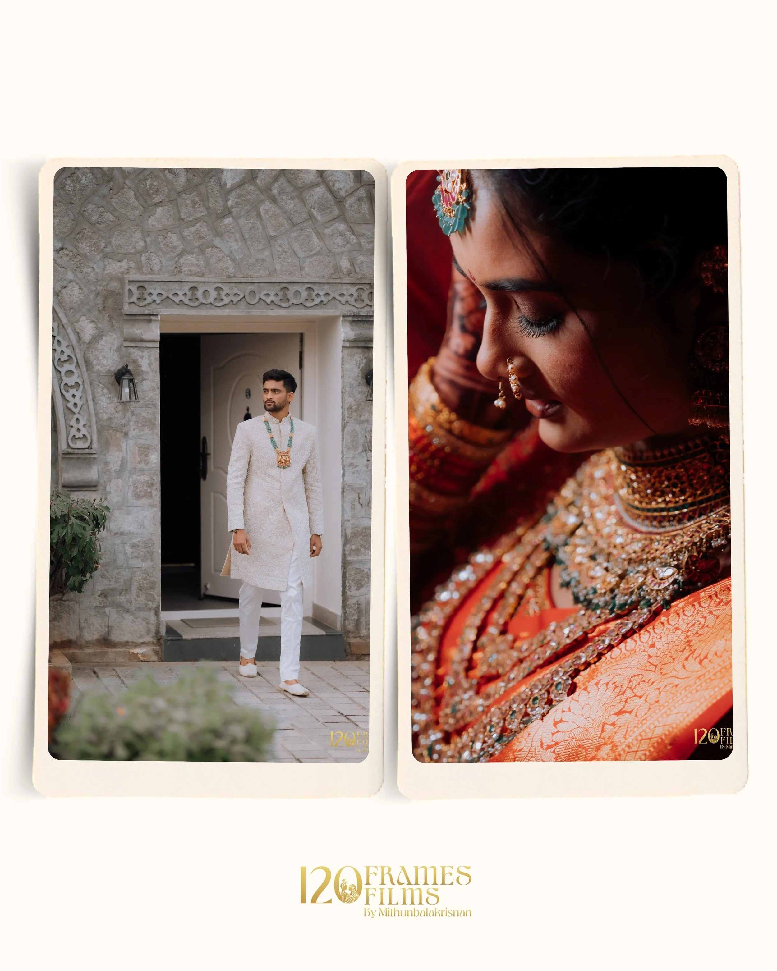 A collage of two wedding photos. The left shows a groom standing in front of a decorative stone building, wearing a white traditional outfit with a necklace. The right shows a close-up of an Indian bride wearing a red and gold embroidered outfit with