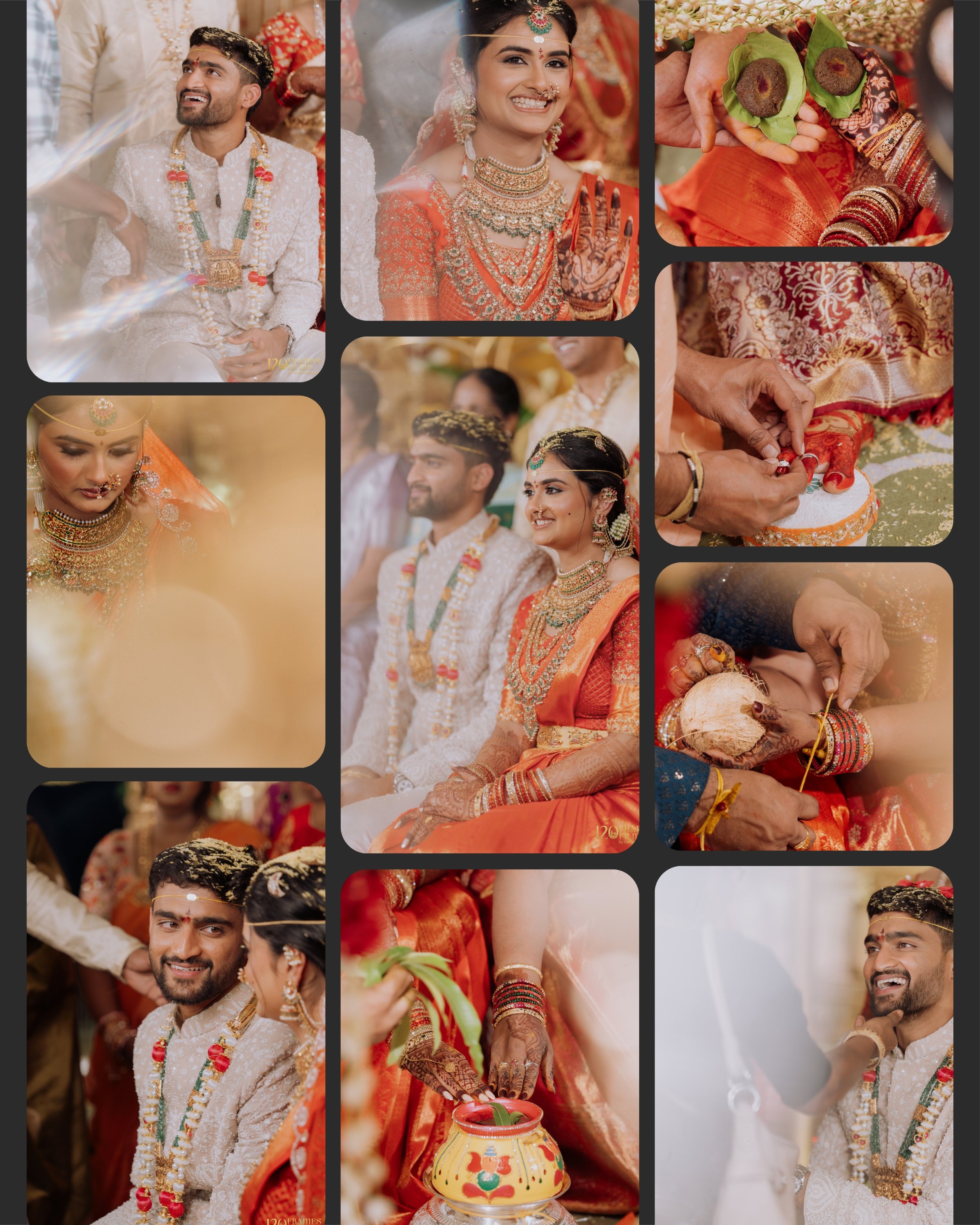 An Indian wedding ceremony with the bride and groom wearing traditional attire and jewelry, engaged in rituals involving the exchange of offerings and blessings.