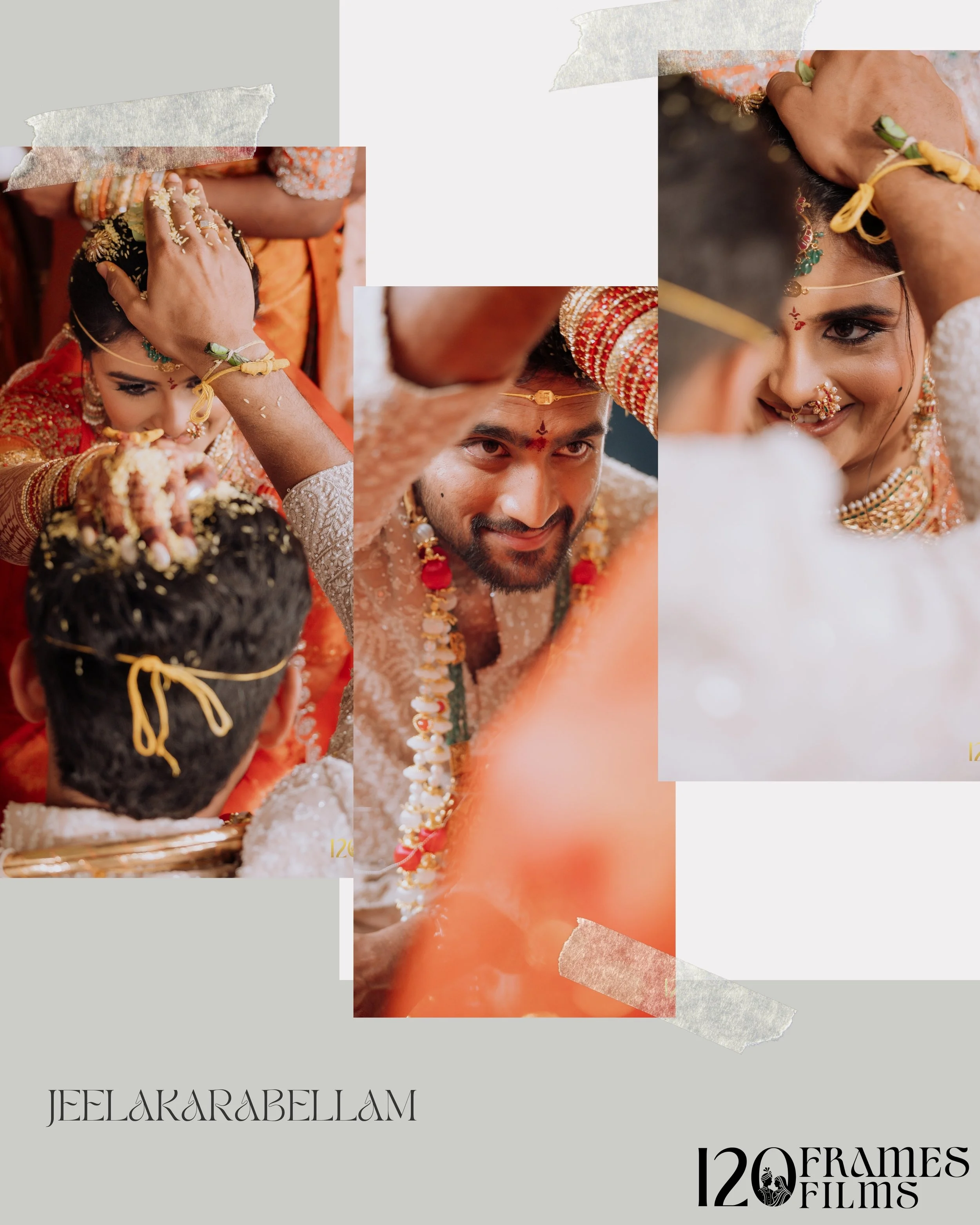 Collage of images from a traditional Indian wedding, showing the bride with intricate jewelry and makeup, and the groom with traditional attire and accessories, with text indicating a collection of 120 frames from Films.